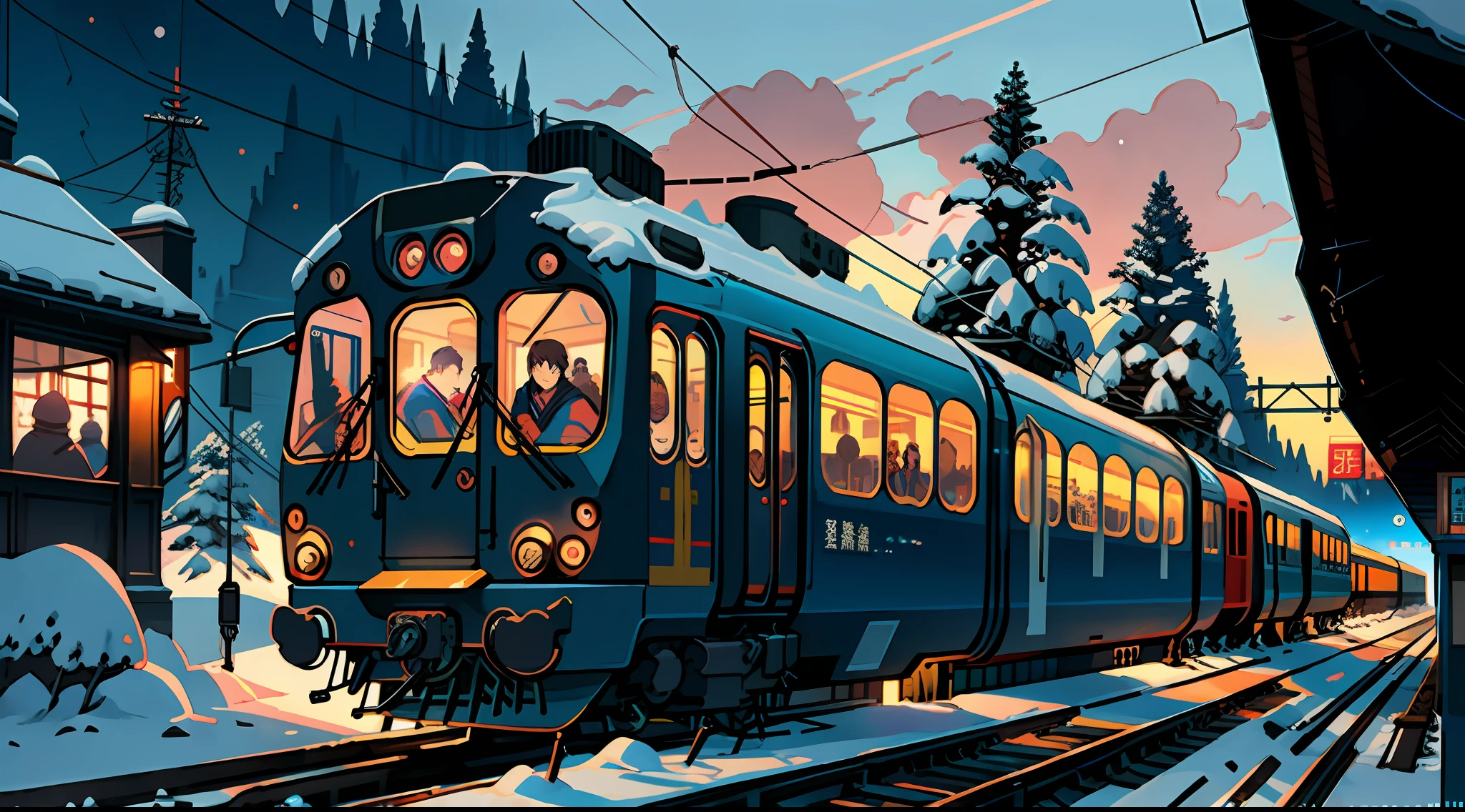 Wallpaper of Anime Style, [[Winter, snow, Modern Station Train, natural lighting, additional details, perfect composition ]], hyper-realistic intricate highly detailed. By Makoto Shinkai, 8k.