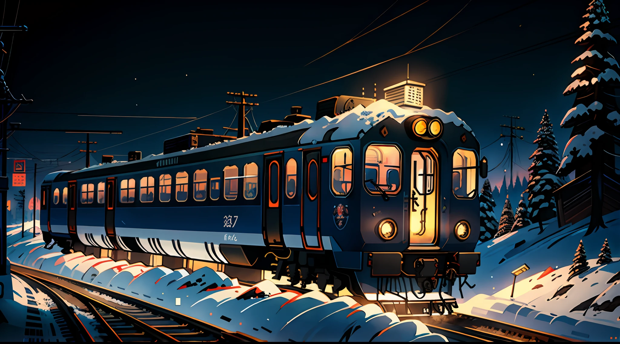 Wallpaper of Anime Style, [[Winter, snow, Modern Station Train, natural lighting, additional details, perfect composition ]], hyper-realistic intricate highly detailed. By Makoto Shinkai, 8k.