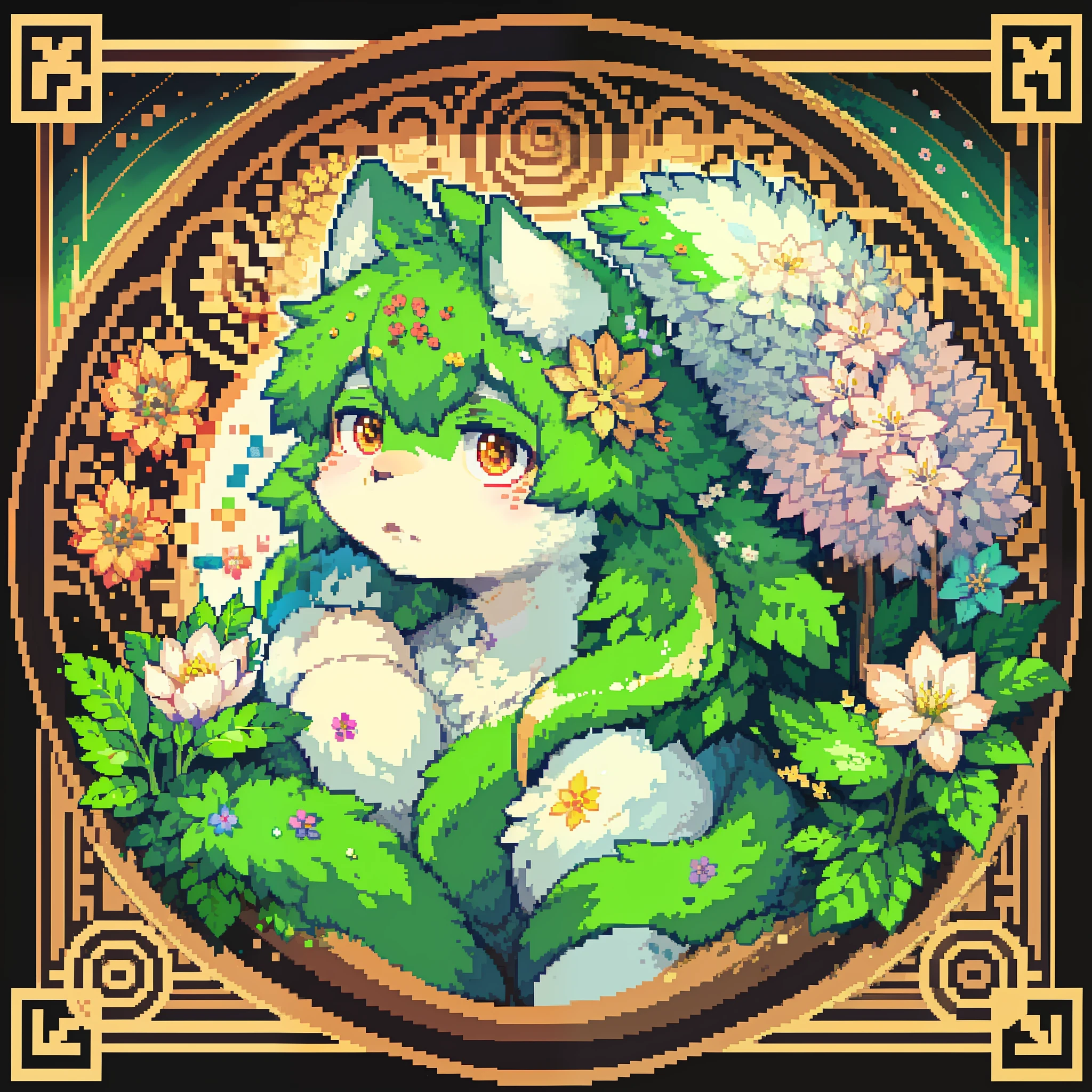 top quality, best quality, logo mark, stamp, Geometric pattern, vector-art, High-quality illustrations by Alfons Mucha, masterpiece(kemono, furry anthro)flower, pixel art,