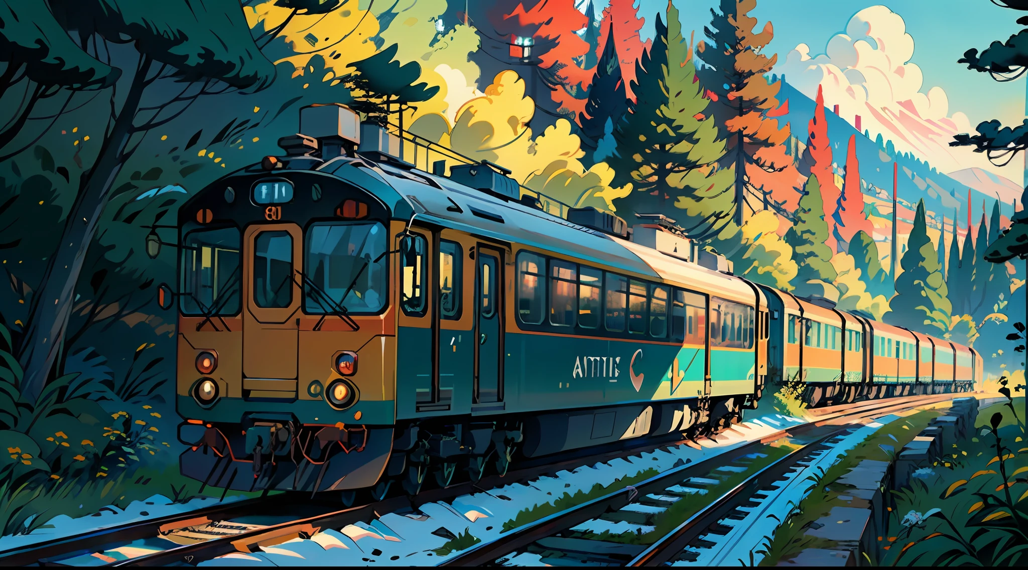 Train in motion, in the mountains, res, lake, cozy city, happiness, retro, full color, multicolor, artful, top detail, super quality, fine details, highlights, neon lights
