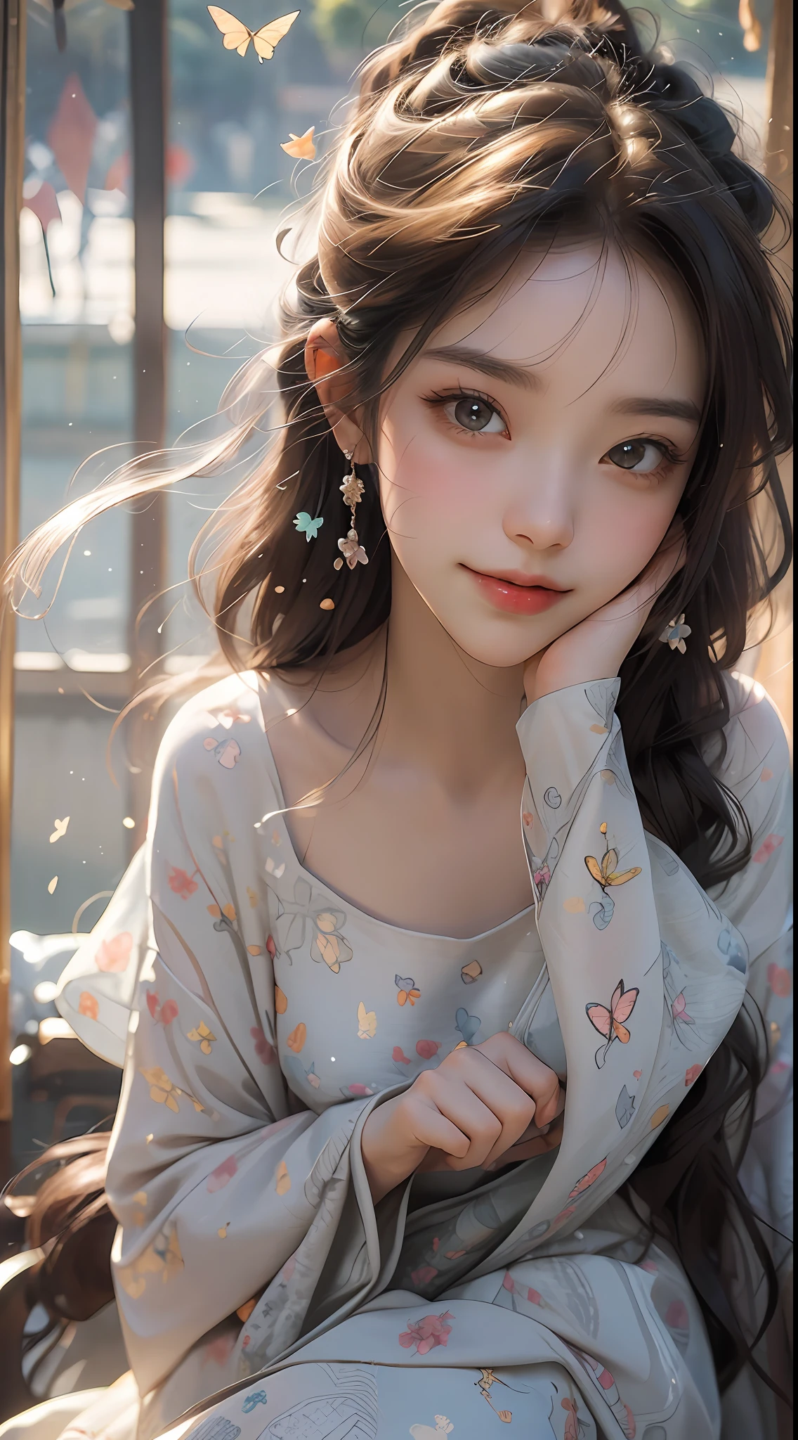 A masterpiece,最佳质量,highly - detailed,Ultra-detailed,1girls,Cutes,shyexpression,Innocent eyes,gentlesmile,A flowing dress,gracefulpose,captivatingbackground,Sun'rays,butterflys,Dreamlike,(magicalatmosphere),(overwhelmingbeauty),(A face full of shyness)