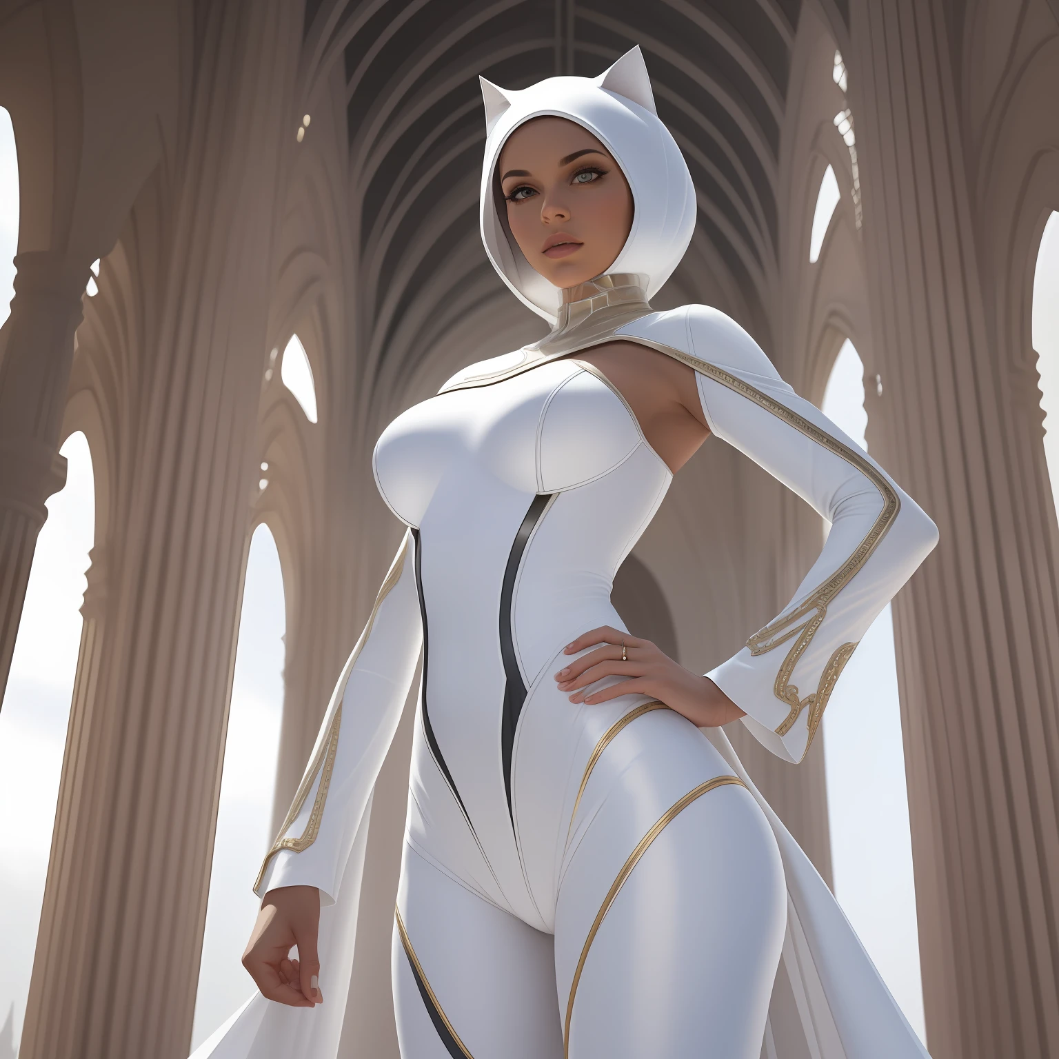 White Catwoman standing tall and confident on a sleek, futuristic suit, on top of a towering antenna reaching towards the sky. The scene is bathed in warm, golden light, creating a serene atmosphere. The overall mood of the artwork is futuristic and adventurous. The camera used is a high-end model, capturing the details with precision. The composition highlights the grandeur of the structure and the presence of White Catwoman. The perspective is chosen to emphasize the height and scale of the antenna. The depth of field is set to keep both White Catwoman and the structure in sharp focus. The shutter speed is adjusted to freeze any movement and capture the scene with clarity. The photo quality is pristine, showcasing the intricate details of the suit and the structure. The image is expertly framed, with attention to symmetry and balance.