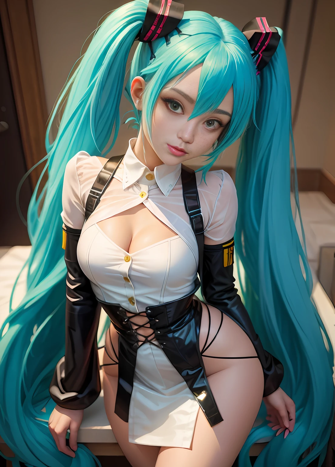 araffe dressed in a costume with long green hair and a white shirt, Mikudayo, Miku, Portrait of Hatsune Miku, Hatsune Miku, Hatsune Miku Cosplay, Vocaloid, hatsune miku portrait, Anime girl cosplay, hatsune miku short hair, Anime girl with teal hair, ArtGerm on ArtStation Pixiv, seductive anime girls