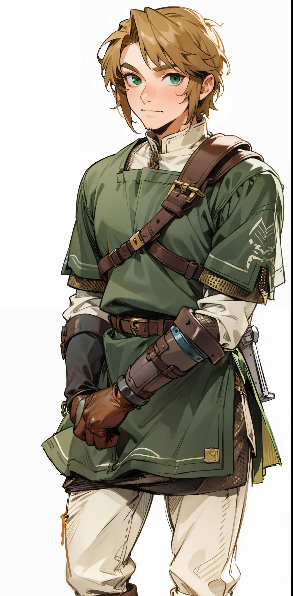 (Link:1)(Warrior:1), (adult man:1.2), standing, green uniform, full body, leather boots, beige pants, chainmail, gloves , (narrow eyebrows:0.33), confident, (smiling:0.4),