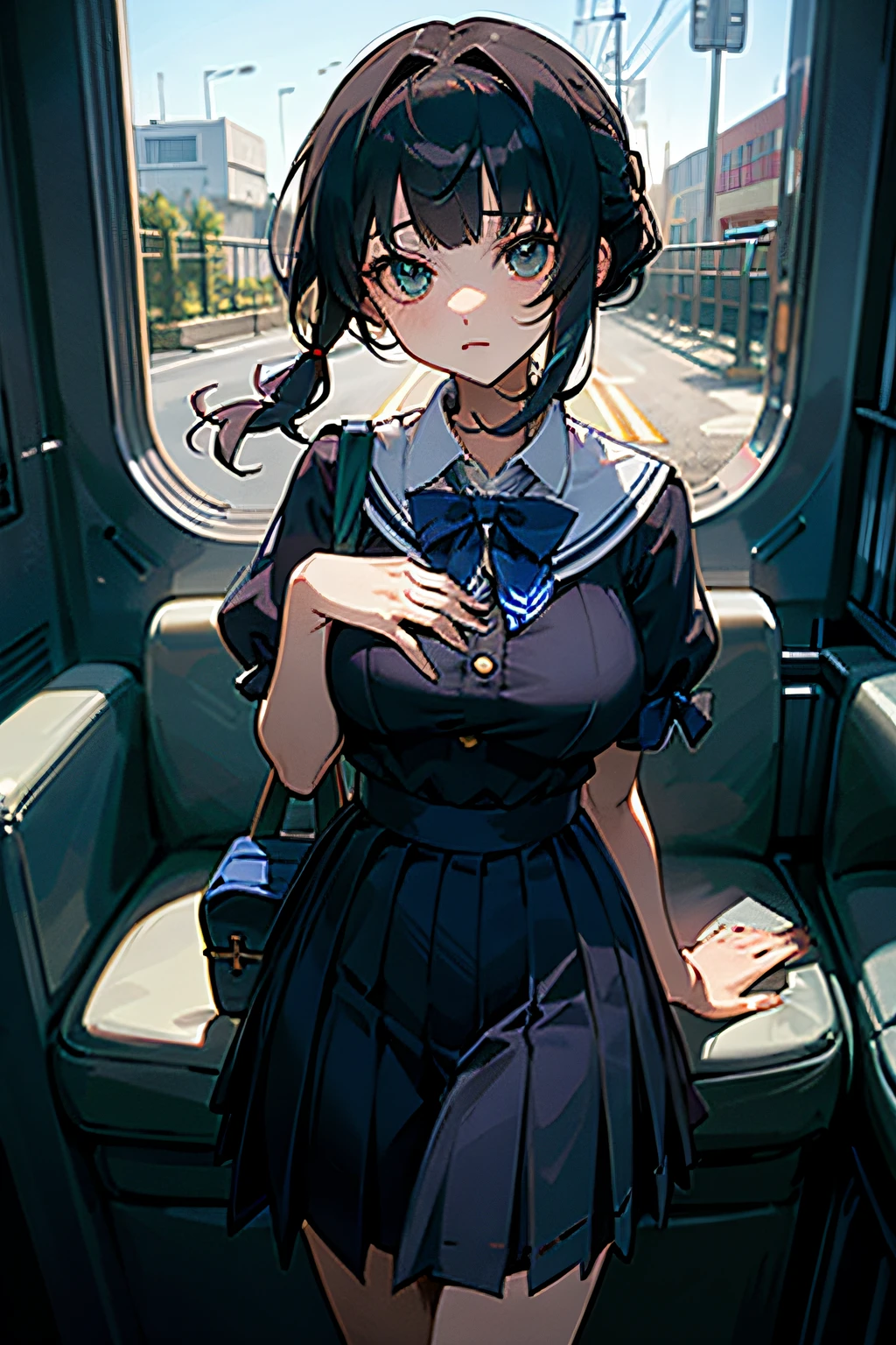 softlighting,1girl huge large breasts,Extremely beautiful face,chest wrap,putdownhands,Casual hairstyle,The expression is casual,big eyes,,Alvine,(Short-sleeved jack_shirt),JK_Style,(Dark Blue Jack_Skirt),(Bow Jack_tie),Flying an airplane