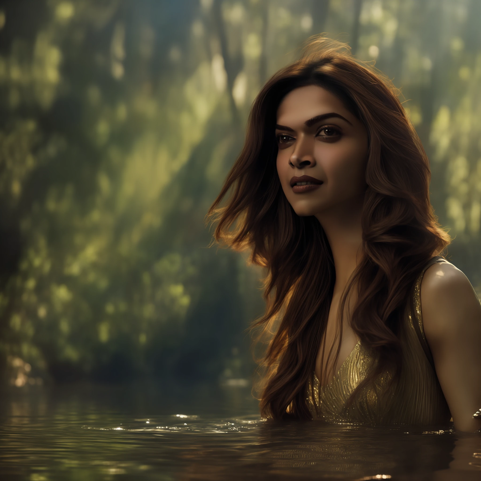 close up portrait of a cute woman (deepika padukone) bathing in a river, reeds, (backlighting), realistic, masterpiece, highest quality, lens flare, shade, bloom, [[chromatic aberration]], by Jeremy Lipking, by Antonio J. Manzanedo, digital painting,