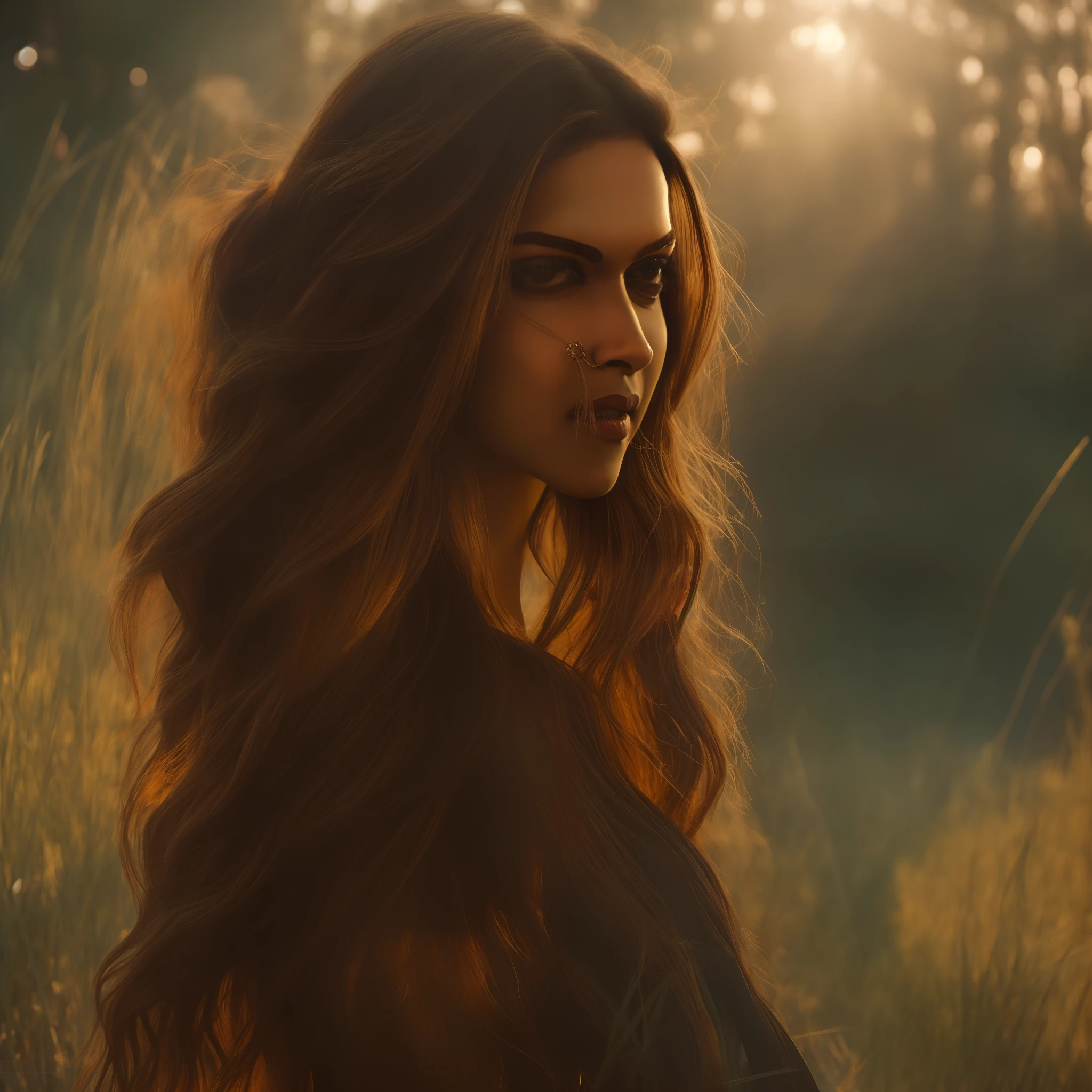 close up portrait of a cute woman (deepika padukone) bathing in a river, reeds, (backlighting), realistic, masterpiece, highest quality, lens flare, shade, bloom, [[chromatic aberration]], by Jeremy Lipking, by Antonio J. Manzanedo, digital painting,