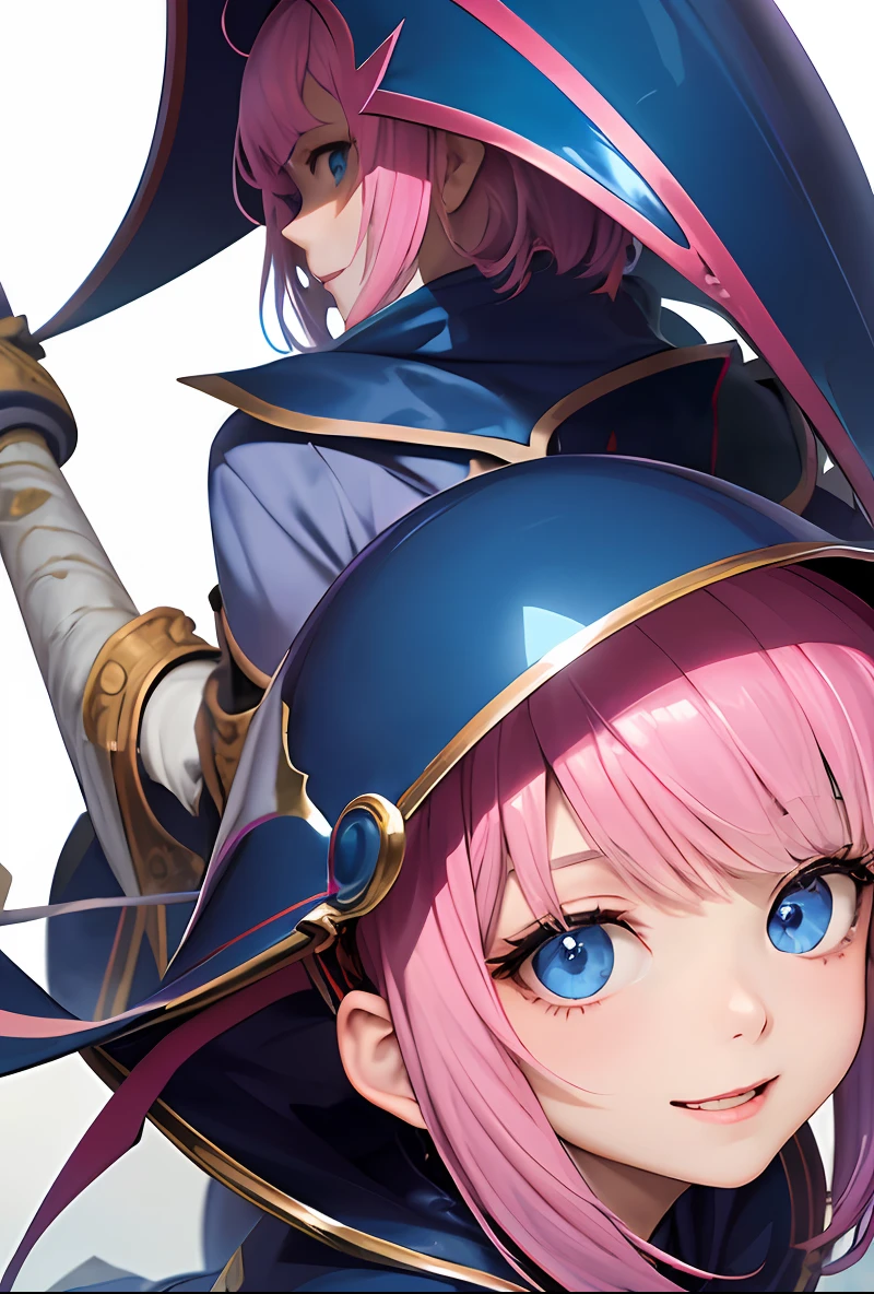 Dark Magician Girl、MKSKS style、2people、(highly detailed back ground:1.0)、(highly detailed back ground:1.0)、A masterpice、best quality、(babes)、2people、Fractal Art、Blue eyes、Clear eyes、Reddish cheeks、Samurai style、pouch、s Armor、Japan sword、Riding a horse、Golden harness、from above view、smile on face、(Iridescent hair、Colorful hair、1/2 Blue and 1/2 pink hair:1.3)、Edo cityscape、(1/2 people and 1/2 background:1.3) --auto