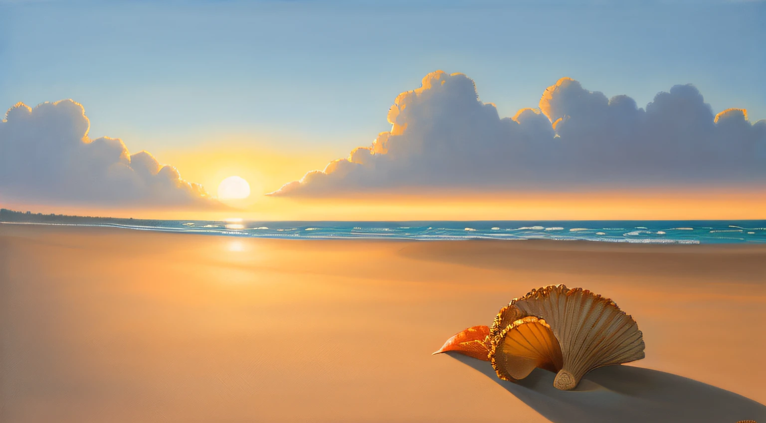 Surrealist painting of conch shells resting on the beach of a tropical paradise at sunset. Warm golden sunlight illuminates the scene, casting a long shadow on the beach. The shell is depicted in stunning detail, and the bold and vivid colors give it a magical, otherworldly quality. Created in the style of Salvador Dali, the painting uses oil on canvas to create a dreamlike atmosphere. Museum-quality artwork invites viewers to step into this fascinating world of sand, sea and sky.