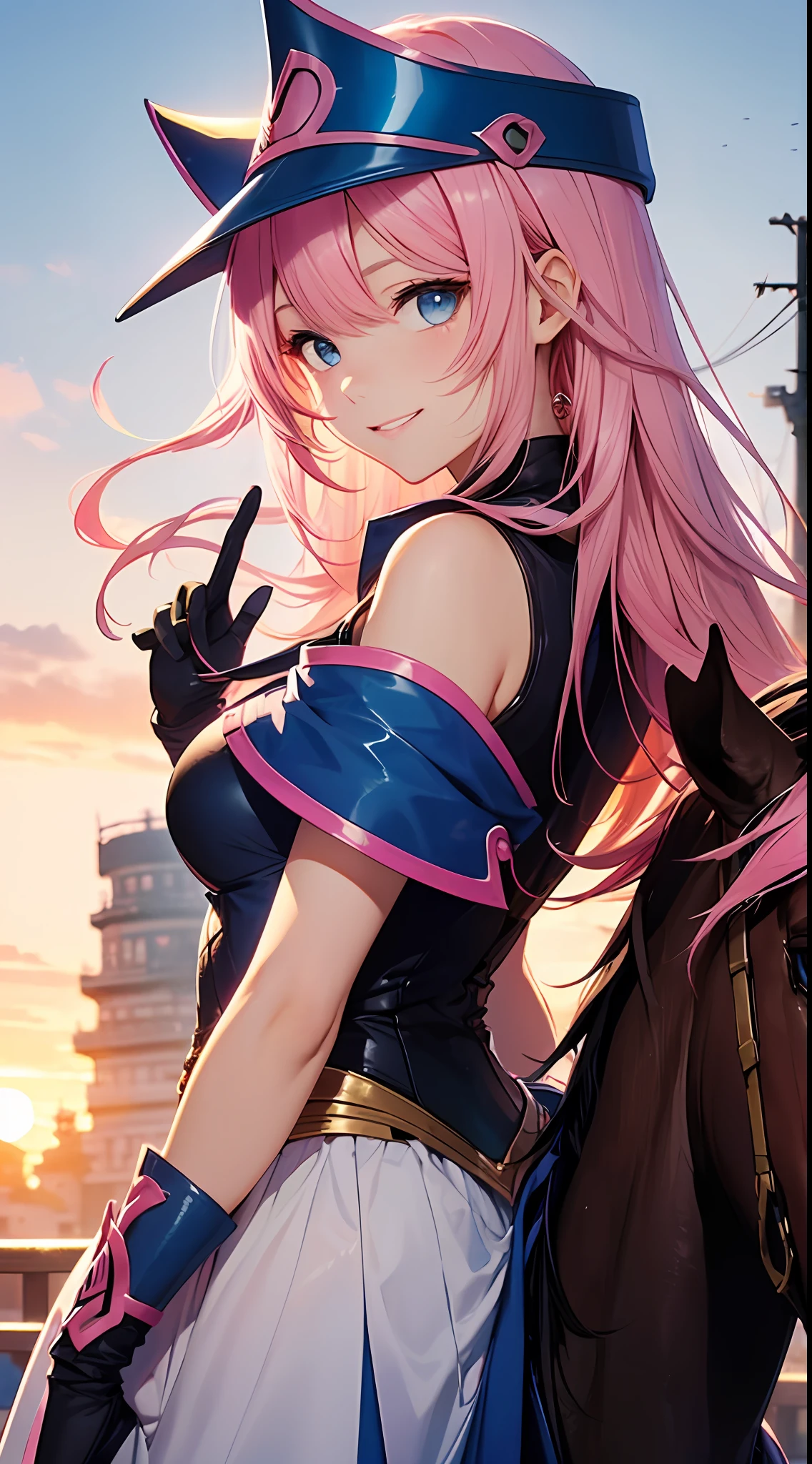 Dark Magician Girl、MKSKS style、独奏、(highly detailed back ground:1.0)、(highly detailed back ground:1.0)、A masterpice、beste-Quality、(babes)、Fractal Art、Blue eyes、Clear eyes、Reddish cheeks、Armor Musha、Japan sword、Looking back、Smiling、(Iridescent hair、Colorful hair、1/2 Blue and 1/2 pink hair:1.3)、A girl is riding a horse、Edo cityscape、Edo Castle、sunsets --auto