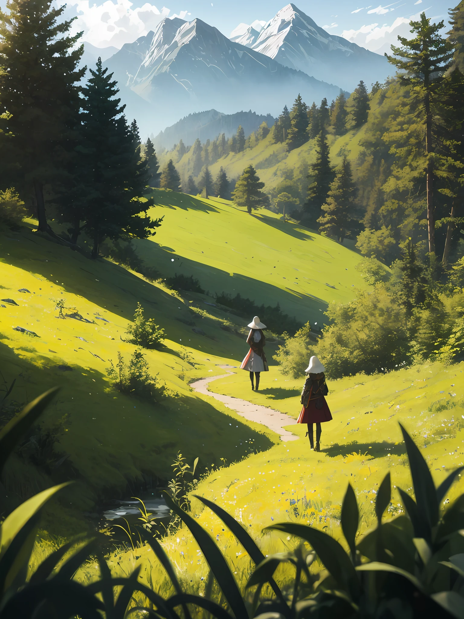 In a green meadow stands a girl leading a group of knights.
BREAK
With a brave expression, she guides them towards their destination.
BREAK
Behind her, a green forest stretches out and beyond that, mountains rise in the distance.
BREAK
The most suitable effect for this scene would be a watercolor painting technique to capture the softness of the meadow and the fluidity of the movement.