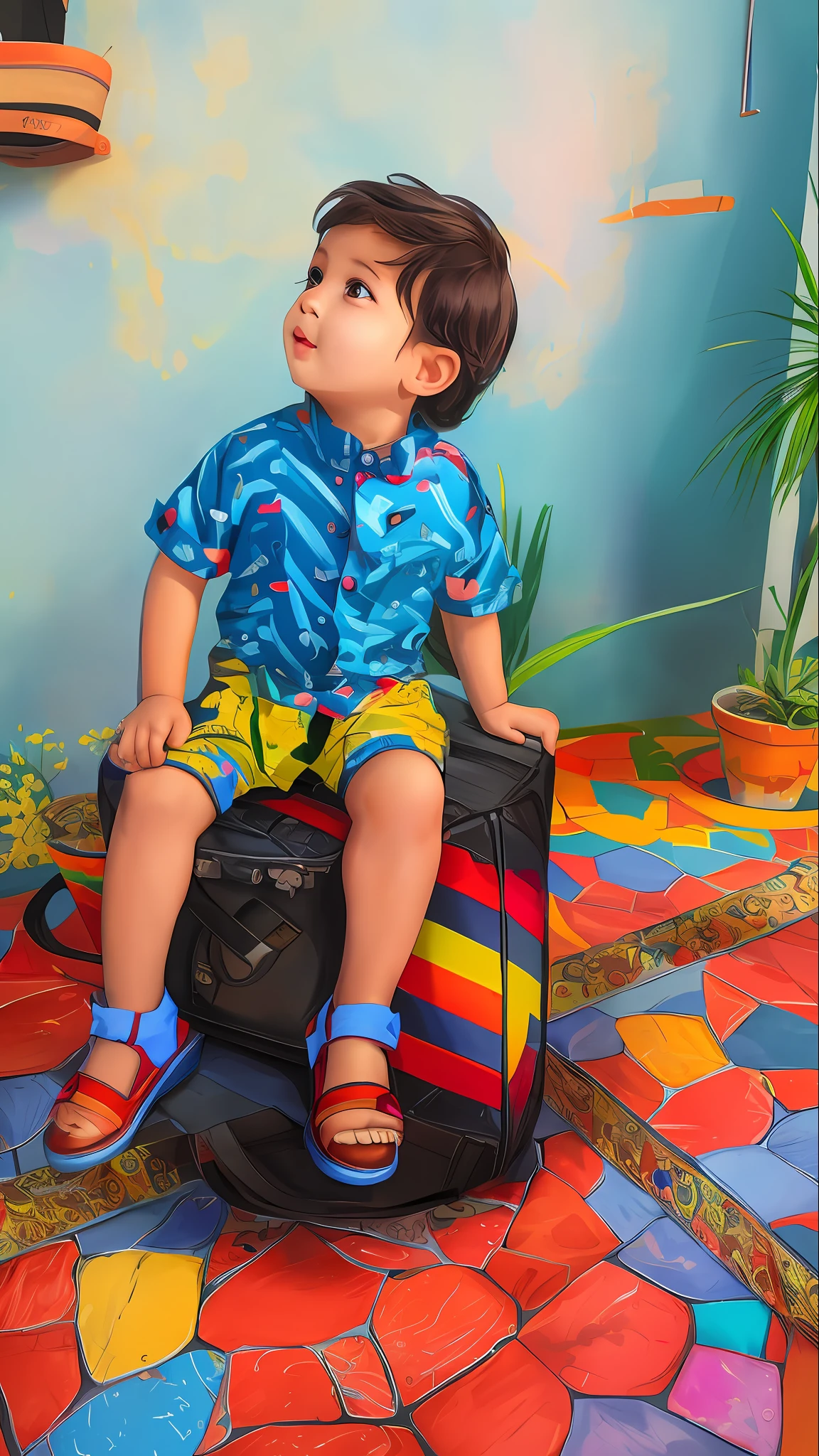 there is a small child sitting on a blue suitcase, inspired by Abidin Dino, innocent look. rich vivid colors, , full body!! maximalist details, bold and colourful, with a cool pose, bright and colourful, multi colored, reyyan, a handsome, colourful, patterned, multicolored, colorful outfit, marvelous expression