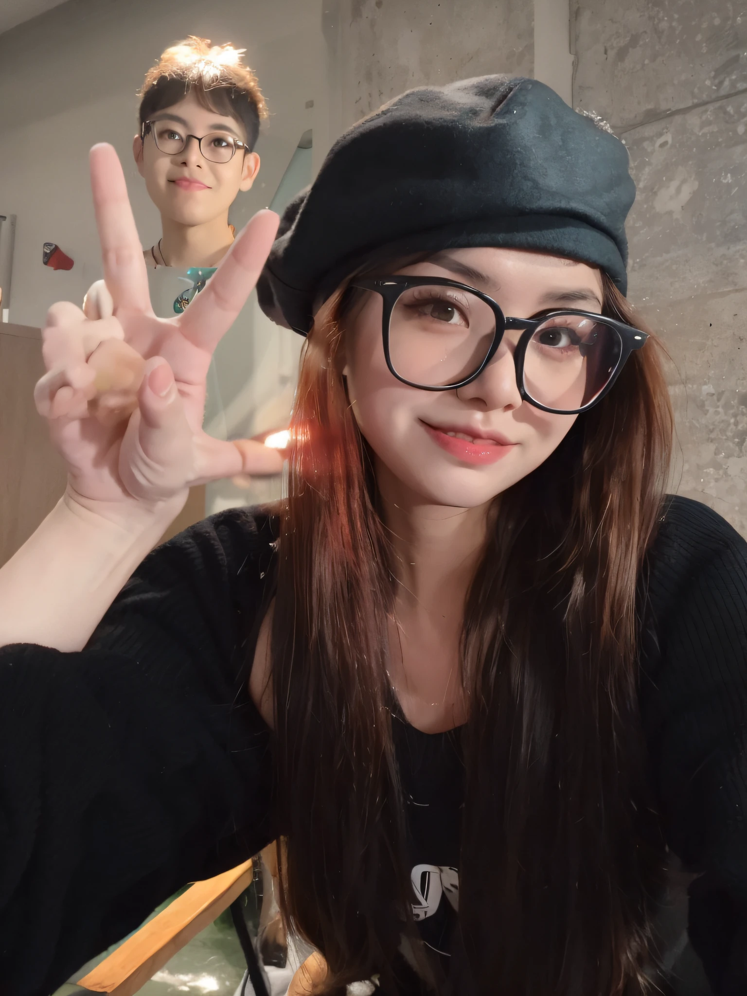 there is a woman with glasses and a hat making a peace sign, wearing big black circle glasses, wearing black rimmed glasses, 8k selfie photograph, With glasses, wearing thin large round glasses, wearing black glasses, girl wearing round glasses, taken with canon eos 5 d mark iv, wearing round glasses, wearing small round glasses, Casual pose, wearing black rimmed glasses