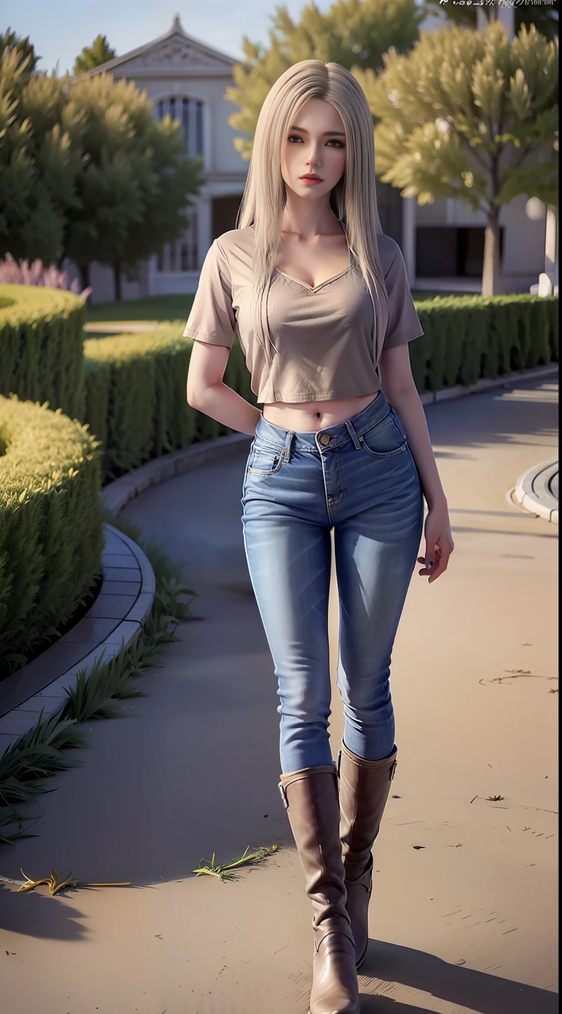 kaisha，ultra-high-resolution，pphotorealistic，Photorealistic， imagination， （realisic）， composition， （HDR：1.5）， plein-air， lifiting shirt，Denim pants，white long boots，8K，to stand，looking at the spectator，Long legs，red lip，Cocked buttocks，Spread your arms，