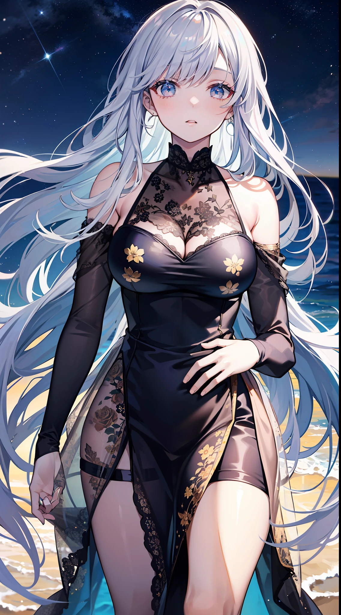 the whole body can be seen,Animated picture, full view, very beautiful girl about 20 years old, model with high head height, shiny silver hair, walking on the beach in the sea at night with full of stars, dark beach lit only by stars and moonlight, starry sky clearly visible, dress with beautiful lace and sheer floral pattern, hair and skirt fluttering in the wind, extremely high quality, high image quality, extremely delicate writing