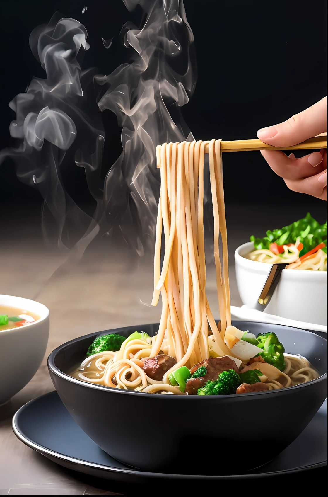 There is a bowl of noodles on the table, Chopsticks pick up the noodles, It has vegetables and meat on top, Golden broth, delicacy, real photograph, f/4.0, three sided view, High details, High quality