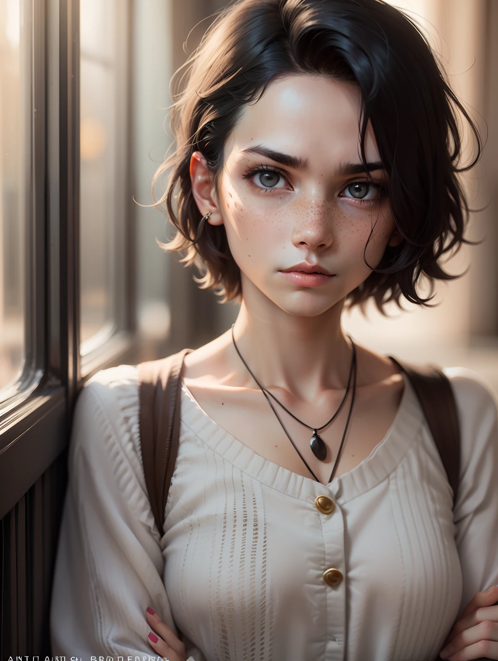 Beautiful androgynous woman, 25 years old, short black hair, only face photo, serious looking at the camera, freckles on the face