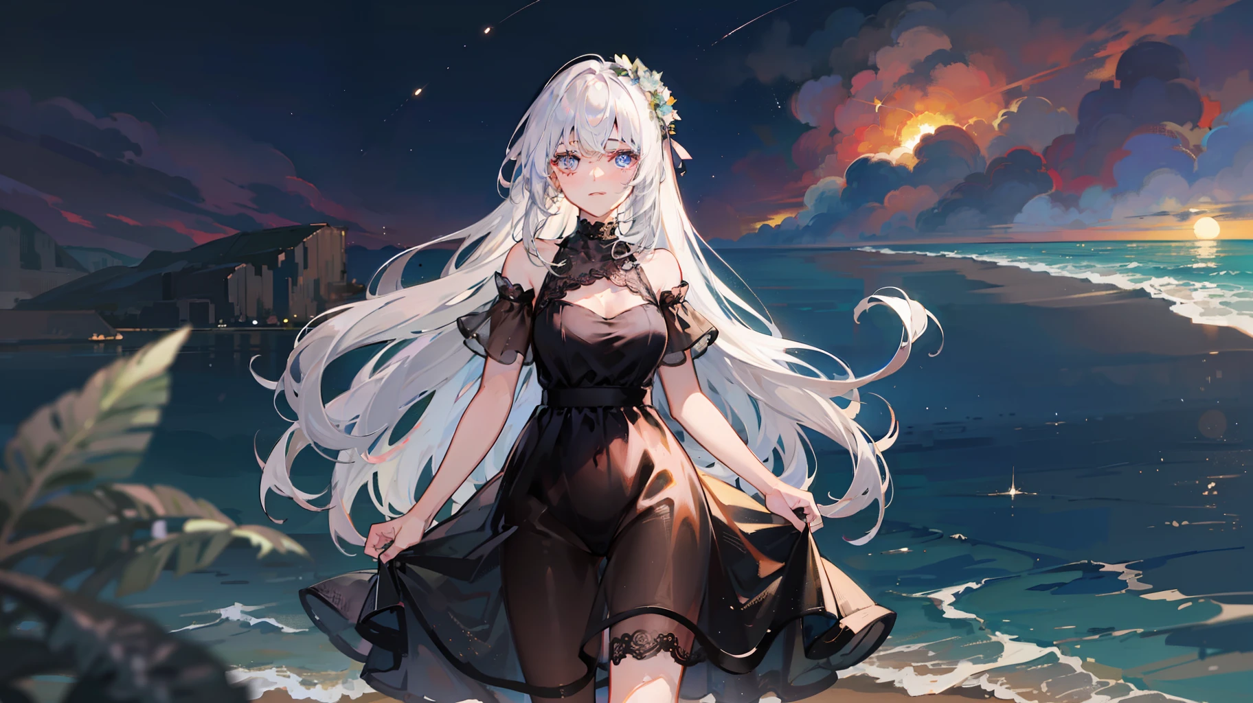 distant view,Animated picture, full view, very beautiful girl about 20 years old, model with high head height, shiny silver hair, walking on the beach in the sea at night with full of stars, dark beach lit only by stars and moonlight, starry sky clearly visible, dress with beautiful lace and sheer floral pattern, hair and skirt fluttering in the wind, extremely high quality, high image quality, extremely delicate writing