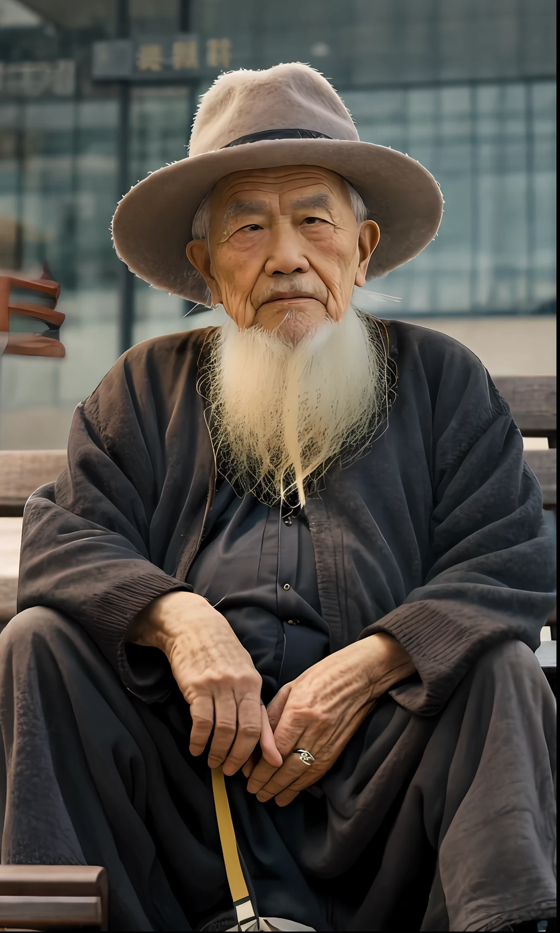 arafed man with a long beard and a hat sitting on a bench, Wise old man, An old man, portrait photo of an old man, Old man, man asian, old man portrait, an 80 year old man, old male, peaceful expression, perfectly centered portrait, photo of a man, chinese artist, a old man