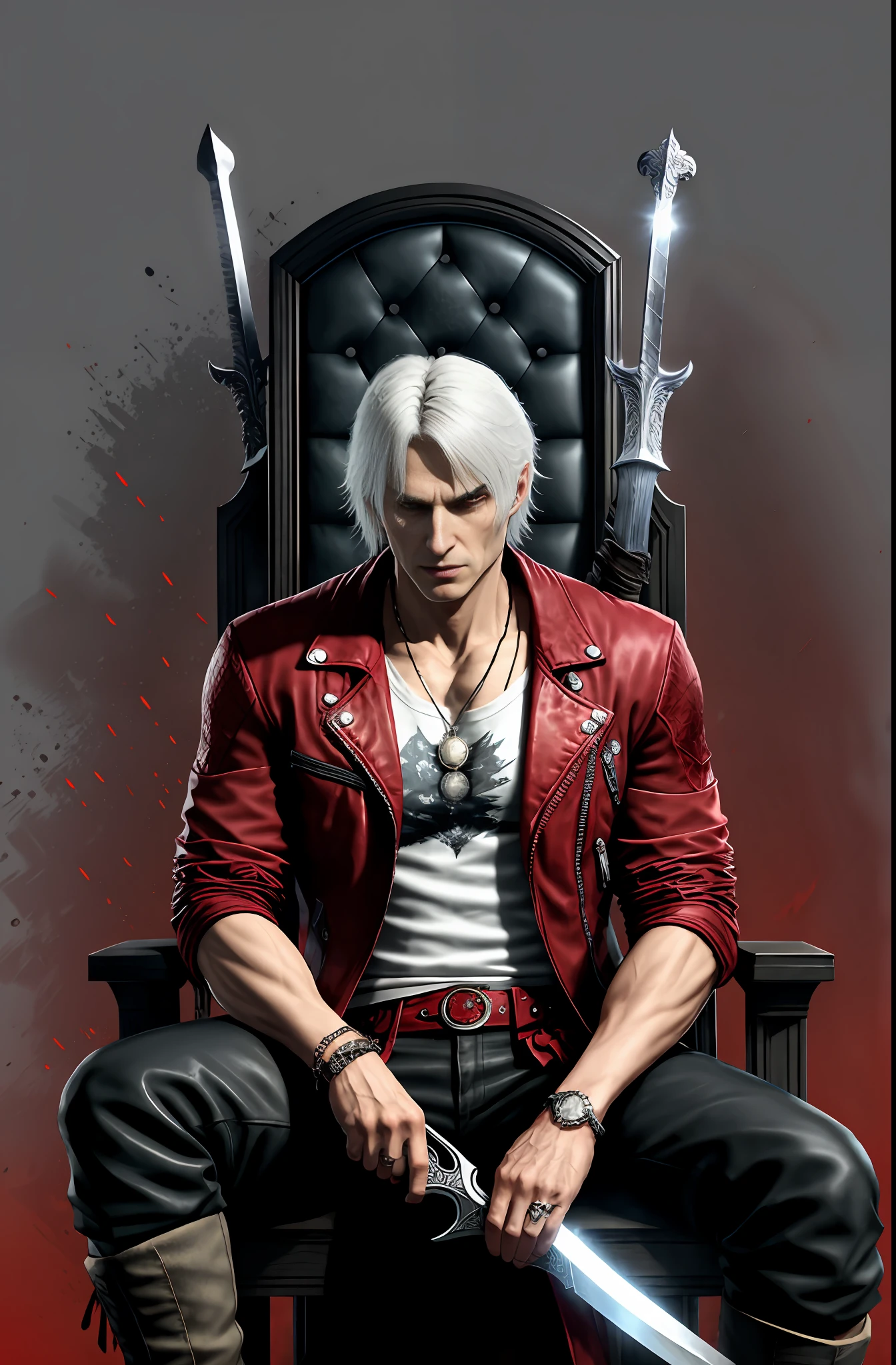 Raised Evil Eyebrow and Eyes, Mature Old Aged Dante from Devil May Cry with Long White Hair wearing Long Red Dante Jacket, Sitting on the Throne beside Rebellion Sword, in Red Hell Background, DMC, Devil May Cry 5, Creative