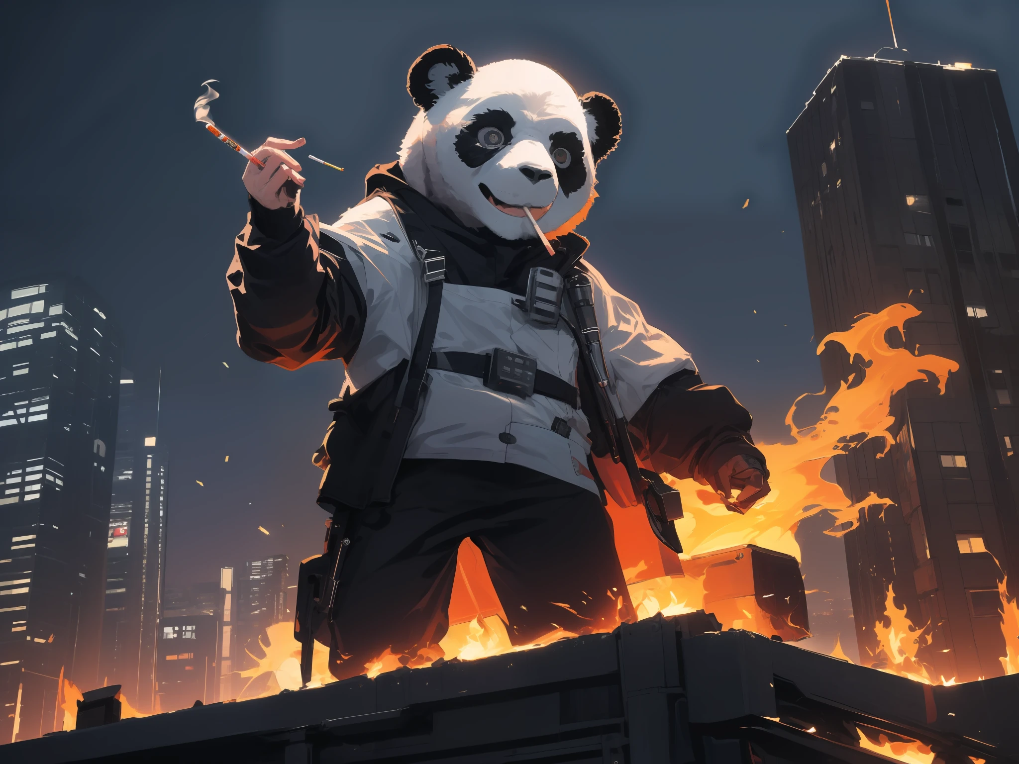 Cyborg panda standing on the roof,Three burning cigarettes in his hand(1 burning cigarette,1 burning cigarette,1 burning cigarette),The city below the BREAK masterpiece,最佳质量,intrincadamente detalhado,Official Wallpapers,Volumetriclighting,ArtStation Trends,8k high resolution BREAK