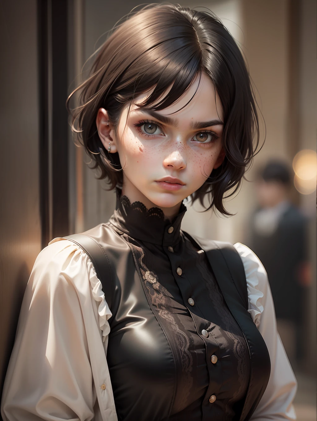 Beautiful androgynous woman, 25 years old, short black hair, only face photo, serious looking at the camera, freckles on the face