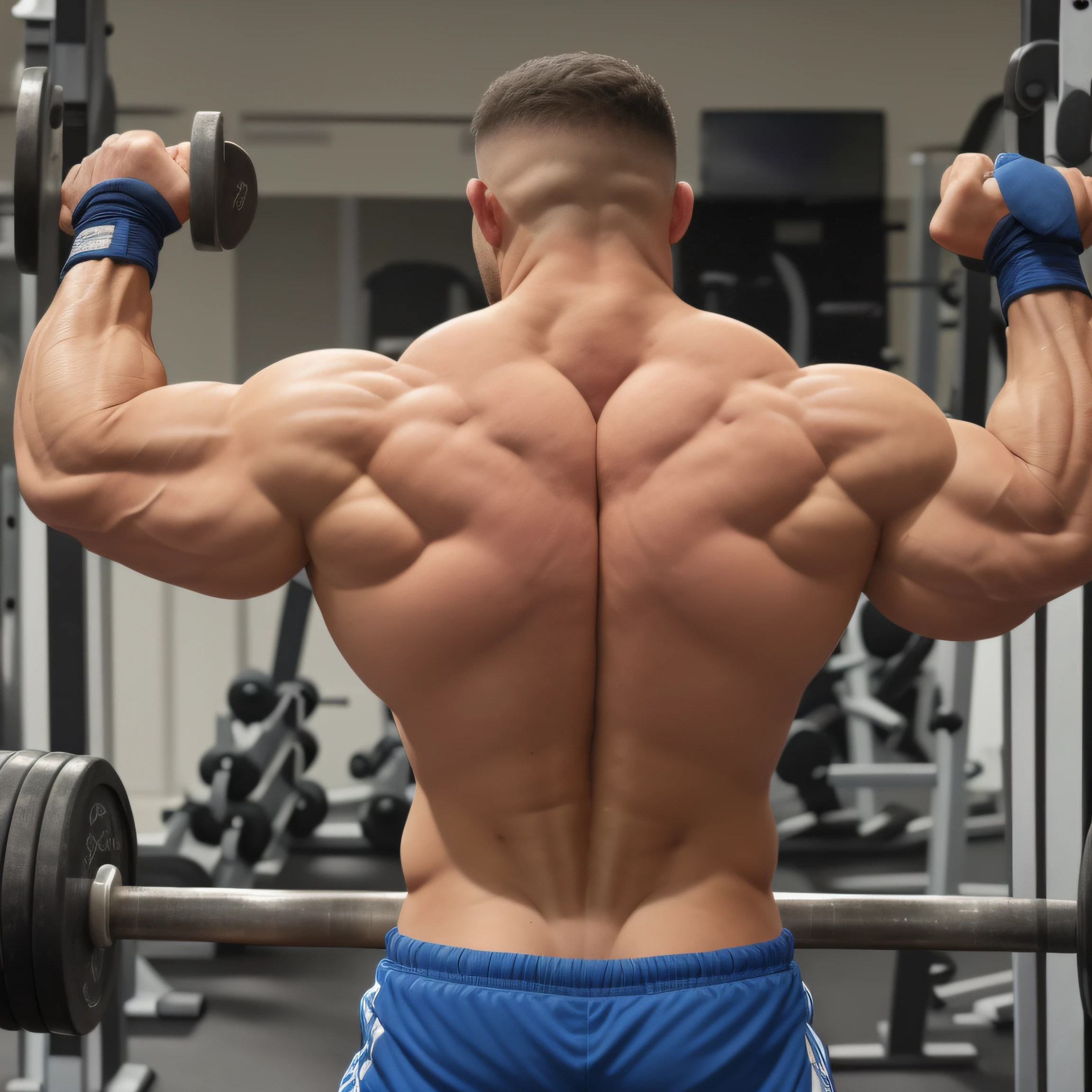 arafed man in blue shorts lifting a barbell in a gym, symmetrical shoulders, Exaggerated muscles, exaggerated muscle physique, defined muscles, Large muscles, Bulging muscles, chiseled muscles, muscle definition, sshoulder, large shoulders, exaggerated physique, arch back, bodybuilder physique, very muscular, hunchback, Perfect muscle structure