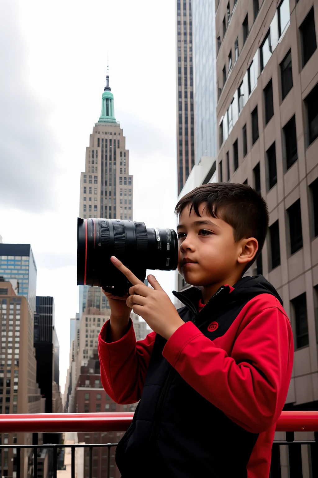 Boy in red and black on the terrace of a building in New York holding a camera, 8k uhd, dslr, alta qualidade