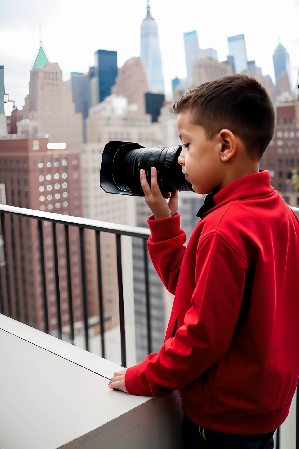 Boy in red and black on the terrace of a building in New York holding a camera, 8k uhd, dslr, alta qualidade