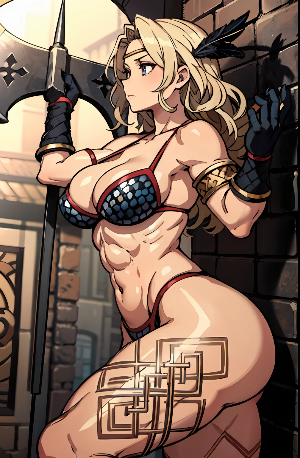 (masterpiece, best quality:1.2), 1girl, from side, amazon, dragons crown, bikini armor, expressionless, holding halberd,  armlet, muscular female,  breasts, black gloves, gloves, thighs, (thick thighs, large ass:1.1), tattoo, navel, obliques, long hair, cleavage, swimsuit, feather hair ornament, blonde hair, abs,  circlet, large breasts, feathers, (dungeon, murky, fantasy setting, brick walls:1.1)