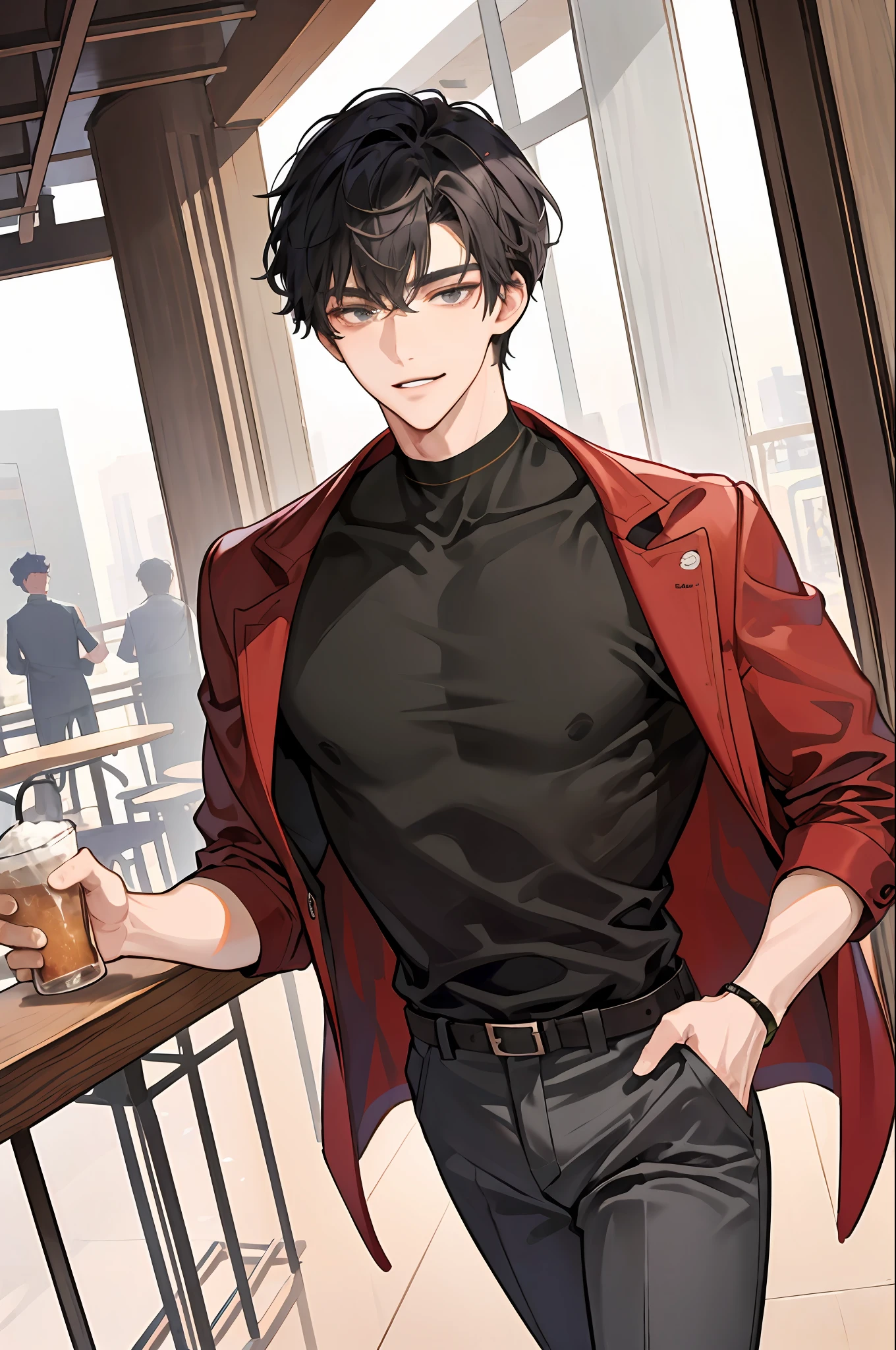 work in progress, close up, head shot, simple coloring, soft shading, soft coloring, (handsome korean man), (korean man), youthful face, clean-shaven face, handsome man, at cafe, cafe scenery, lean, muscular, broad shoulders, smirking, tousled hair, short hair, jet black hair, glow grey eyes, (grey t-shirt, red coat, black trousers), brown skin, 1man