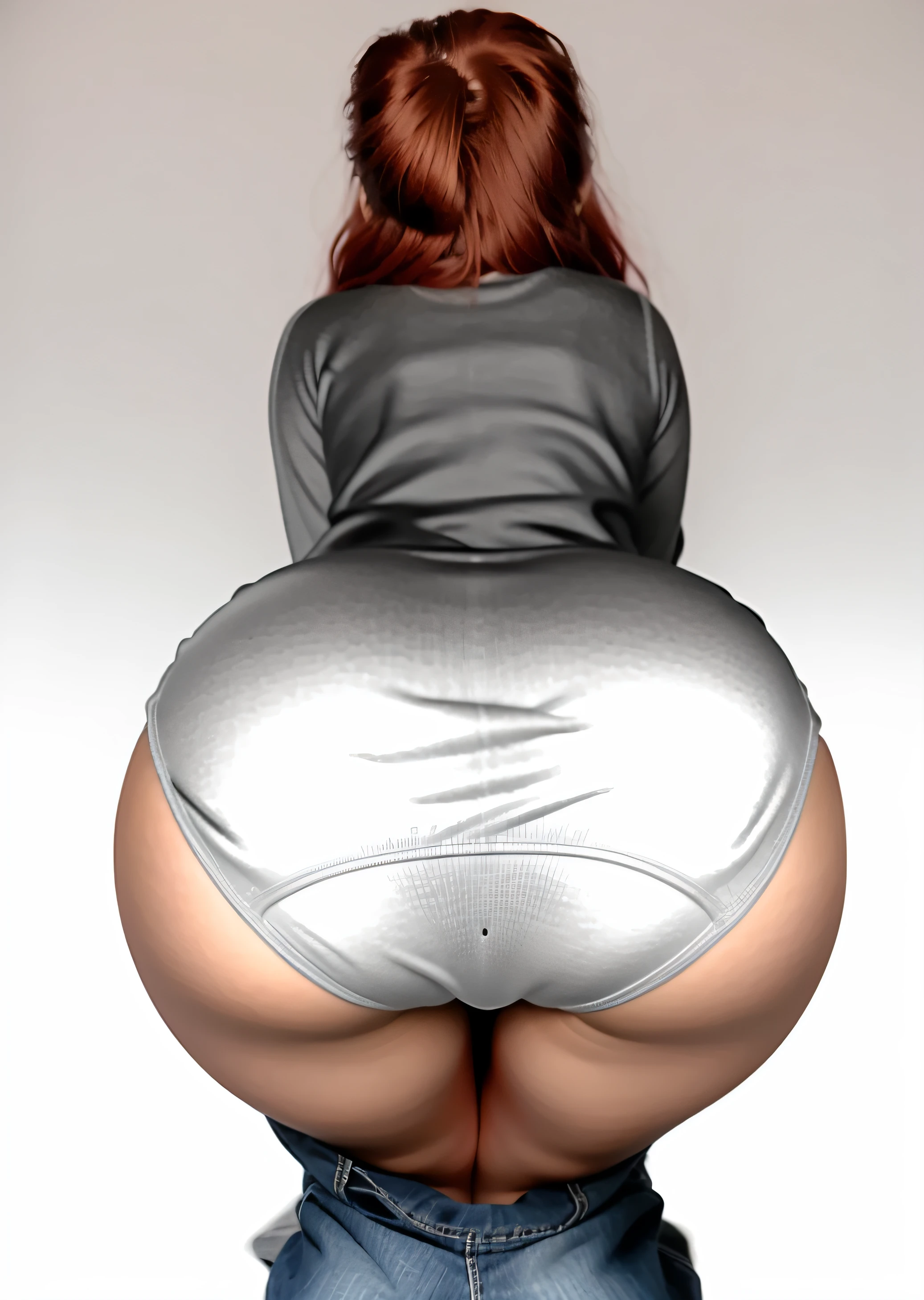 Red-haired Latina, in long sleeve sweater, big white panties, big butt, bent over, photo realistic, intricate details