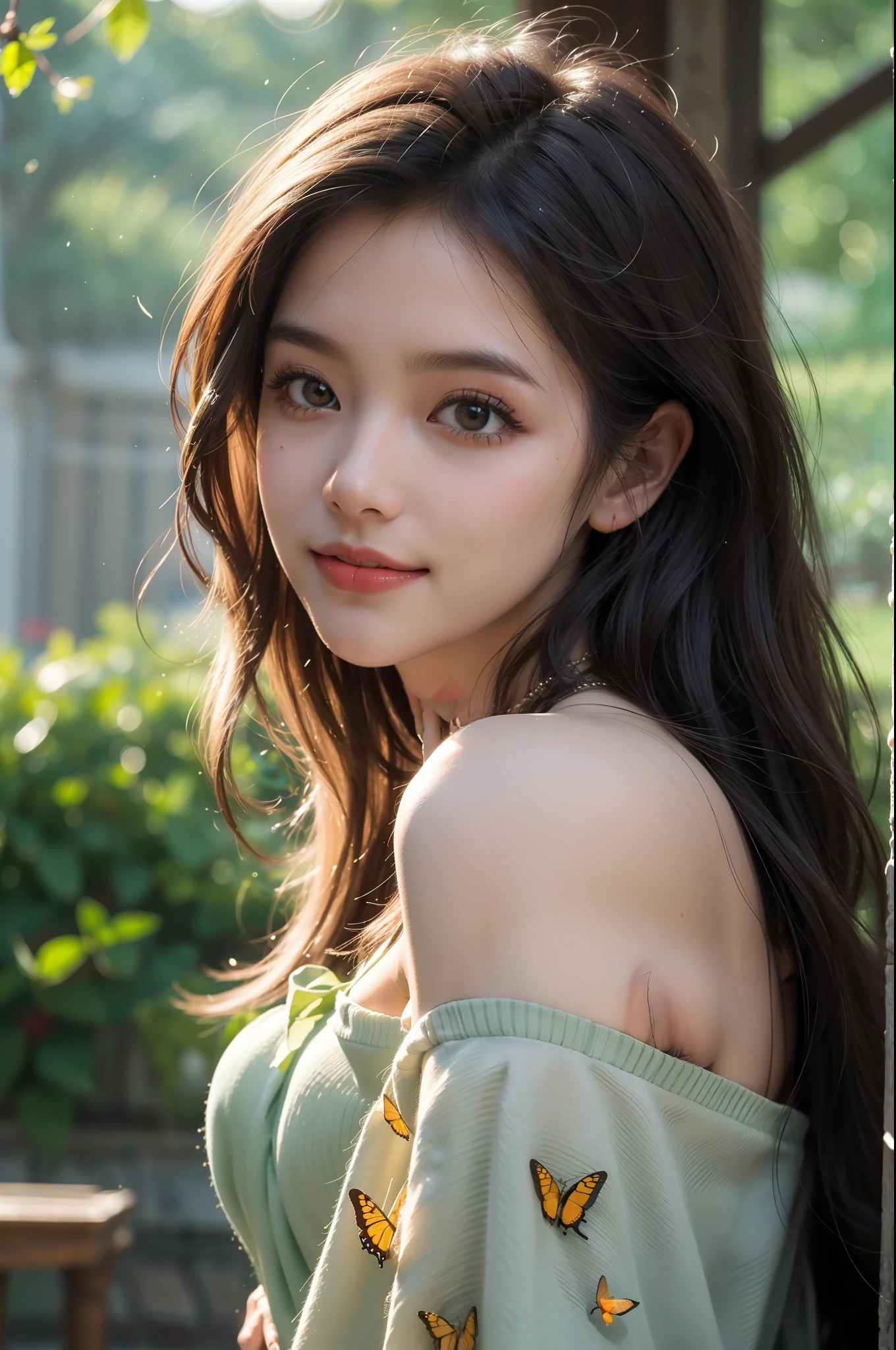 nmasterpiece,最佳质量,highly - detailed,Ultra-detailed,1girls,Cutes,shyexpression,Innocent eyes,gentlesmile,A flowing dress,gracefulpose,captivatingbackground,Sun'rays,butterflys,Dreamlike,(magicalatmosphere),(overwhelmingbeauty),(A face full of shyness)