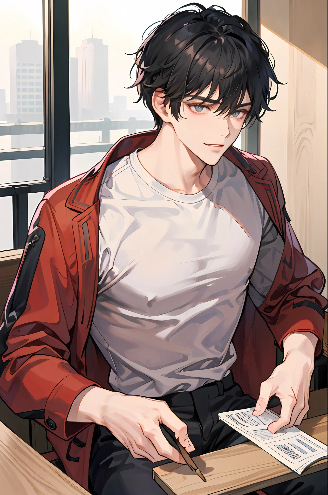 work in progress, close up, head shot, simple coloring, soft shading, soft coloring, pastel, pastel color, pastel coloring, (handsome korean man), (korean man), youthful face, clean-shaven face, handsome man, at cafe, cafe scenery, lean, muscular, broad shoulders, smirking, tousled hair, short hair, jet black hair, glow grey eyes, (grey t-shirt, red coat, black trousers), brown skin, 1man