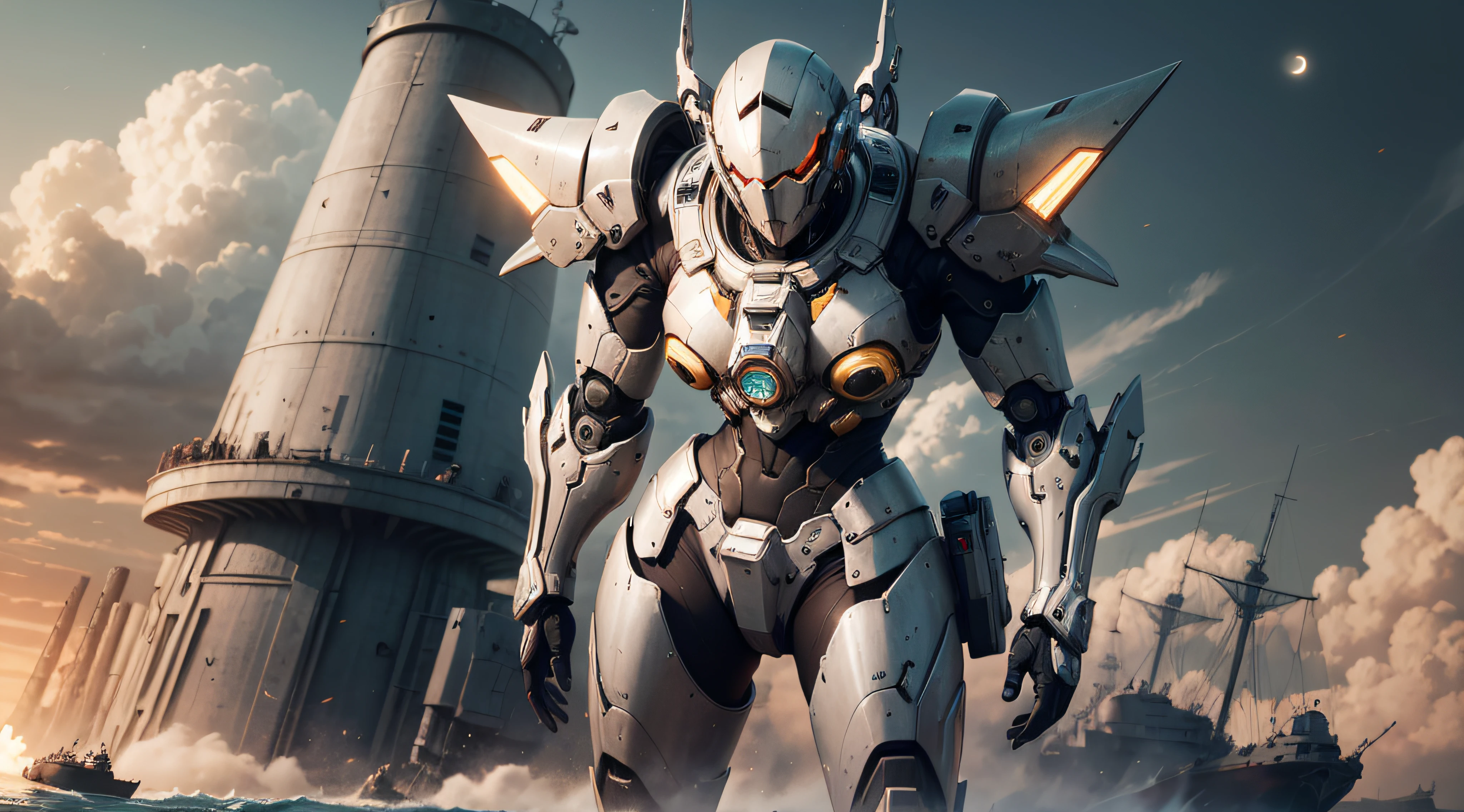 Marine space, Martelo 40,000, mundo em guerra, linda mulher cyberpunk com armadura mecha master chef halo muito detalhado, Mecha Warframe, cores vibrantes, vermelho, Branco, azul, verde, metallic yellow, enferrujada, Usado, sujo de sangue, with sky with clouds and full moon and battleships, corpo inteiro com armadura detalhada, campo de batalha sangrento,