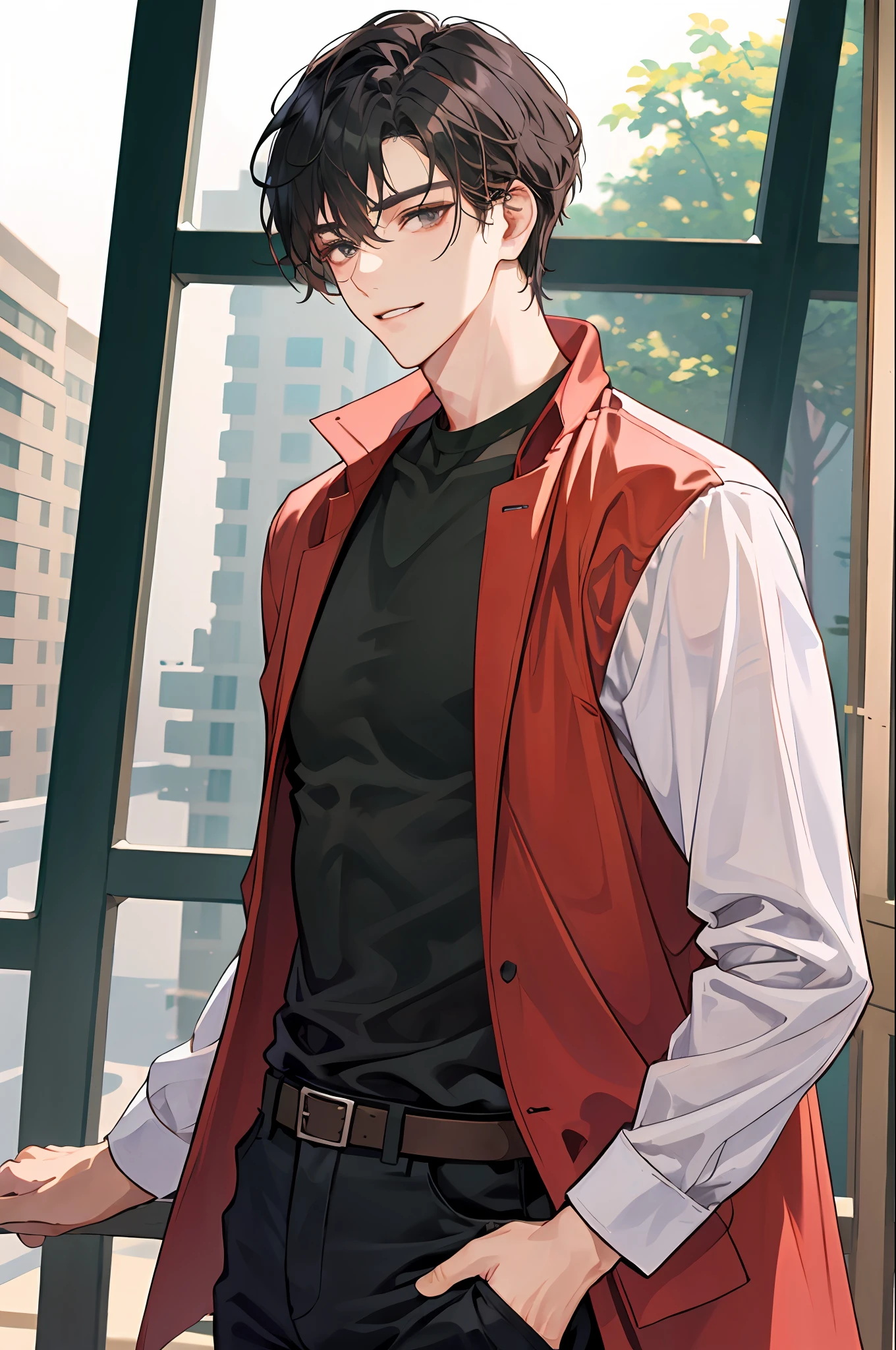 work in progress, close up, head shot, simple coloring, soft shading, soft coloring, pastel, pastel color, pastel coloring, (handsome korean man), (korean man), youthful face, clean-shaven face, handsome man, at cafe, cafe scenery, lean, muscular, broad shoulders, smirking, tousled hair, short hair, jet black hair, glow grey eyes, (grey t-shirt, red coat, black trousers), brown skin, 1man