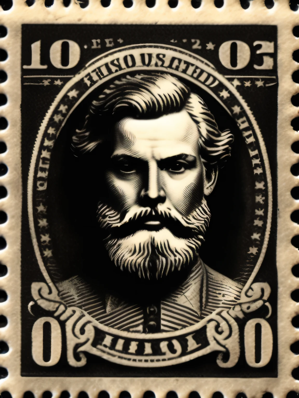 blond bearded hunk head on a stamp. Nineteenth century poster style. . Black and white. Black background. In the style of Dan McPharlin