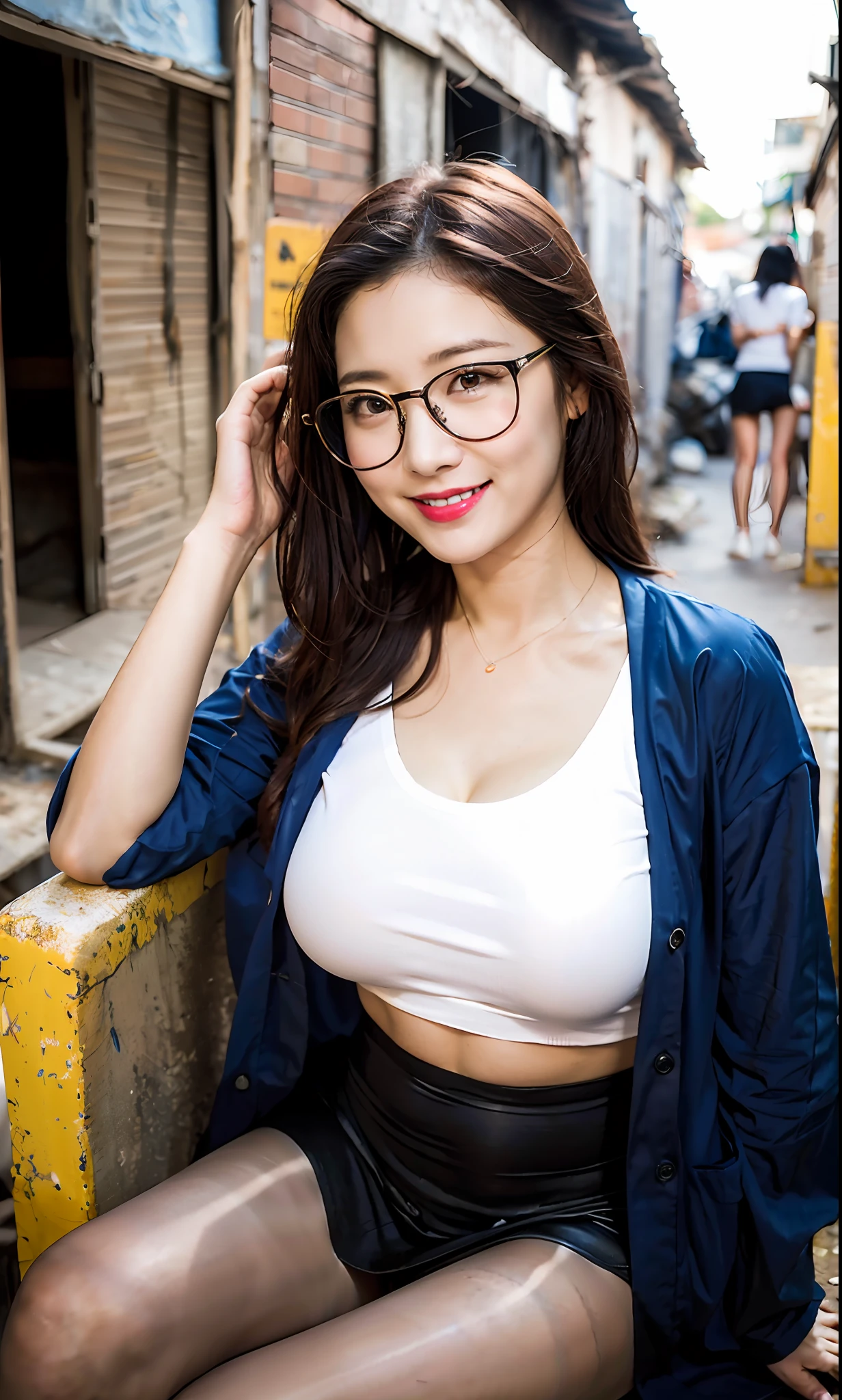 ulzang-6500-v1.1,(OriginalPhoto:1.2), (Photorealistic:1.4), beautiful detailed girl, beautifuleyes,big eyes,Low-cut T-shirt,Tight T-shirt,blackstockings,busty lady, bigger breasts,A short skirt,Pleated skirt,wears glasses,Long hair,Plump body,Cutes,In the slums,A lot of garbage,Many people,crowd people,full breast,bigger breasts,Smile with,shylily,Sits,White skin