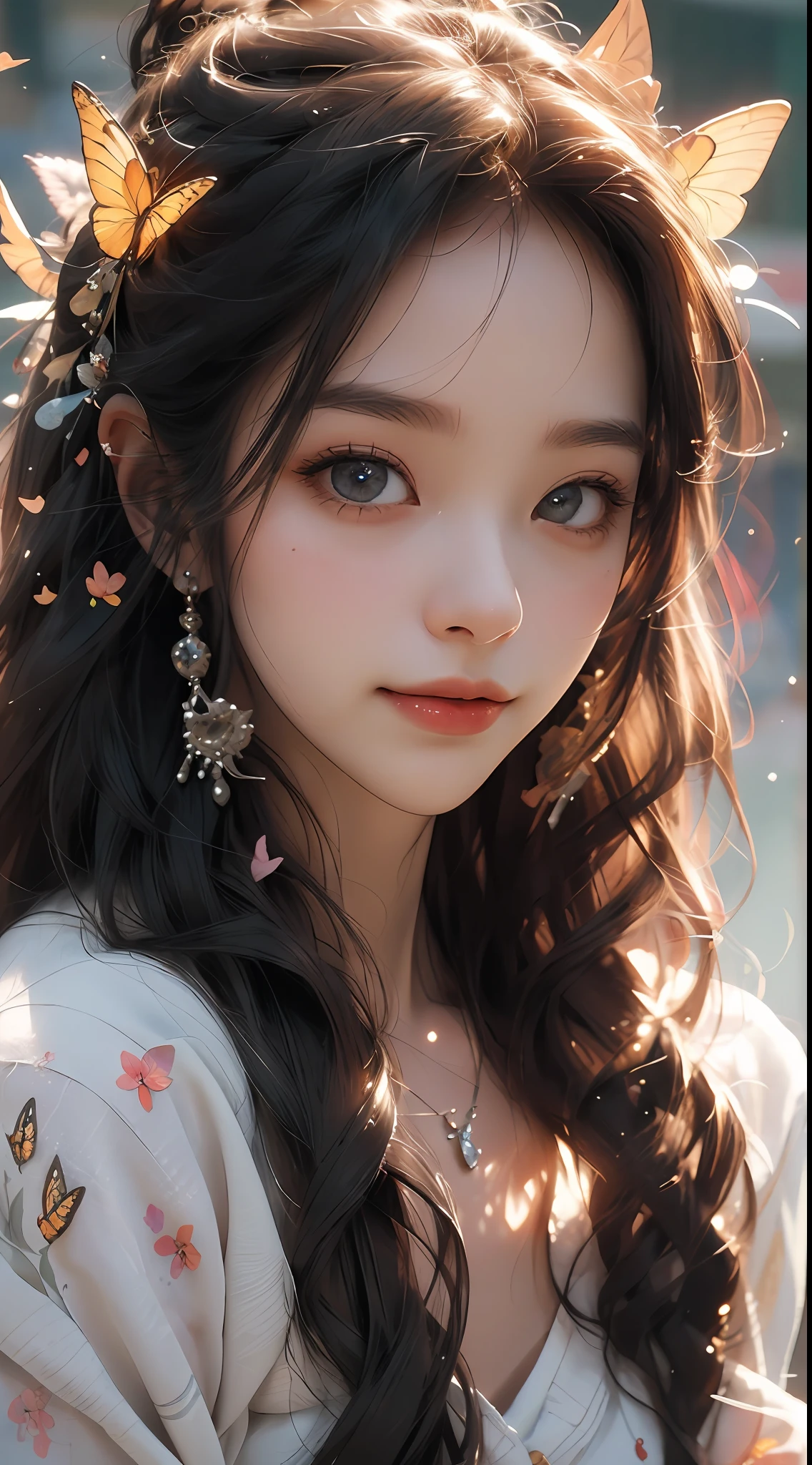 nmasterpiece,最佳质量,highly - detailed,Ultra-detailed,1girls,Cutes,shyexpression,Innocent eyes,gentlesmile,A flowing dress,gracefulpose,captivatingbackground,Sun'rays,butterflys,Dreamlike,(magicalatmosphere),(overwhelmingbeauty),(A face full of shyness)