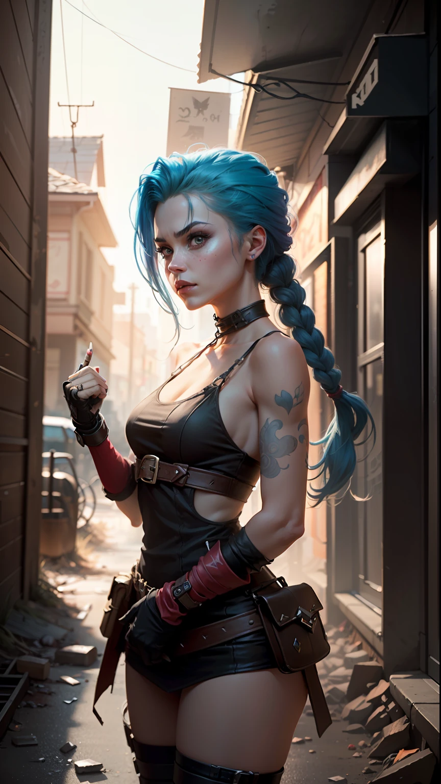 ((Best quality)), ((masterpiece)), (highly detailed:1.3), 3D, arcane style,In the dark and gritty dystopian city Piltover, plagued by violence and divided into two opposing factions, a young prodigy named Jinx emerges. Having endured unimaginable loss and abandonment, she has embraced a life of chaos and destruction. Known for her inventive and explosive abilities, Jinx becomes an icon of rebellion against the oppressive forces controlling the city. However, haunted by guilt and battling inner demons, she must confront her past and decide whether to continue down the path of anarchy or seek redemption amidst the turmoil. Explore the journey of Jinx as she navigates a treacherous world, fighting for survival, unraveling secrets, and discovering the true meaning of her twisted existencechaos reigns supreme, and at the heart of it all is Jinx, the embodiment of unpredictability. Delve deep into the twisted mind of Jinx, exploring the origins of her madness and the driving force behind her destructive nature. Unveil the moments that shaped her into the deranged and iconic character we know. Take us on a wild journey through the vibrant streets of Piltover and the grim underbelly of Zaun as Jinx wreaks havoc with her explosive arsenal. Can redemption ever find its way into Jinx's fractured soul? Or will she forever dance on the edge of sanity, embracing the chaos that fuels her very existence? The fate of Arcane hangs in the balance as Jinx's path intertwines with unlikely allies and formidable foes. Ignite your imagination and paint a vivid portrait of Jinx's twisted psyche, capturing the essence of her madness and the untamed spirit that defines her,HDR (High Dynamic Range),Ray Tracing,NVIDIA RTX,Super-Resolution,Unreal 5,Subsurface scattering,PBR Texturing,Post-processing,Anisotropic Filtering,Depth-of-field,Maximum clarity and sharpness,Multi-layered textures,Albedo and Specular maps,Surface shading,Accurate simulation of light-material interaction,Perfect proportion