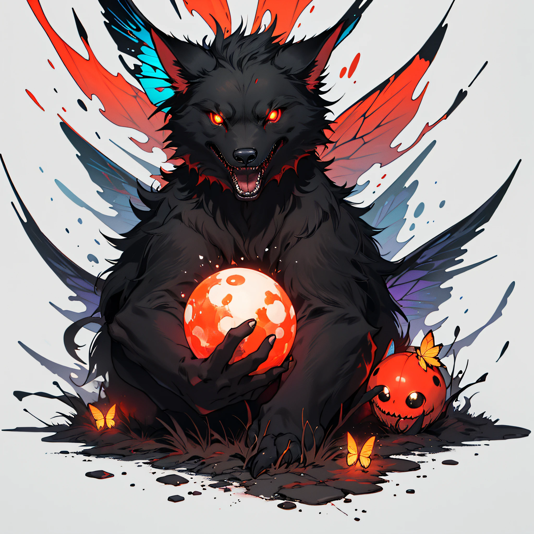 Fluffy cute ball that is butterfly, dark red fluff, vivid orange and black wings, crimson glowing eyes, evil incarnite, masterpiece, best quality, ((In Lovecraftian style))