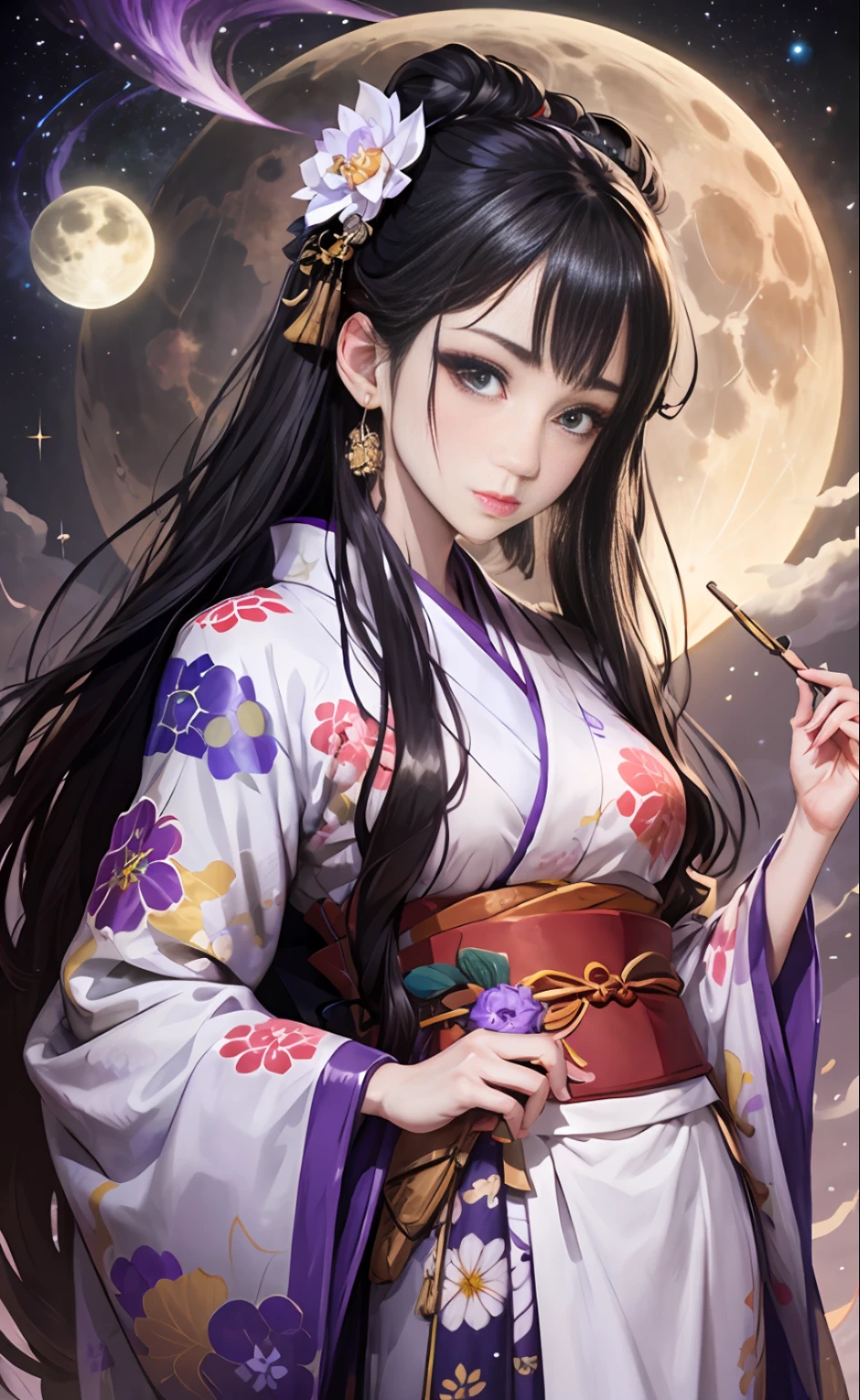 Mature Girl、black  hair、Delicate and smart eyes、purple and white kimono、Simple accessories、astrologer、FOV、F1.8、A masterpice、Moon Night、Frontal portrait shot、Chang'e、Looking here、Facing forward