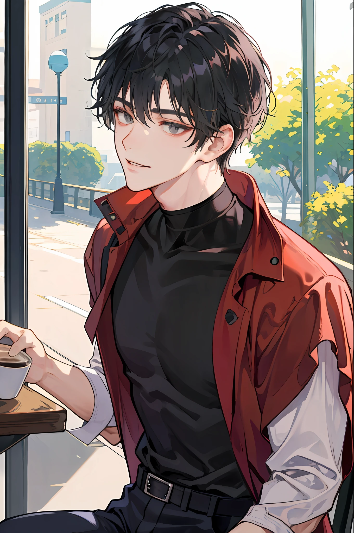 work in progress, close up, head shot, simple coloring, soft shading, soft coloring, pastel, pastel color, pastel coloring, (handsome korean man), (korean man), youthful face, clean-shaven face, handsome man, at cafe, cafe scenery, lean, muscular, broad shoulders, smirking, tousled hair, short hair, jet black hair, glow grey eyes, (grey t-shirt, red coat, black trousers), brown skin, 1man