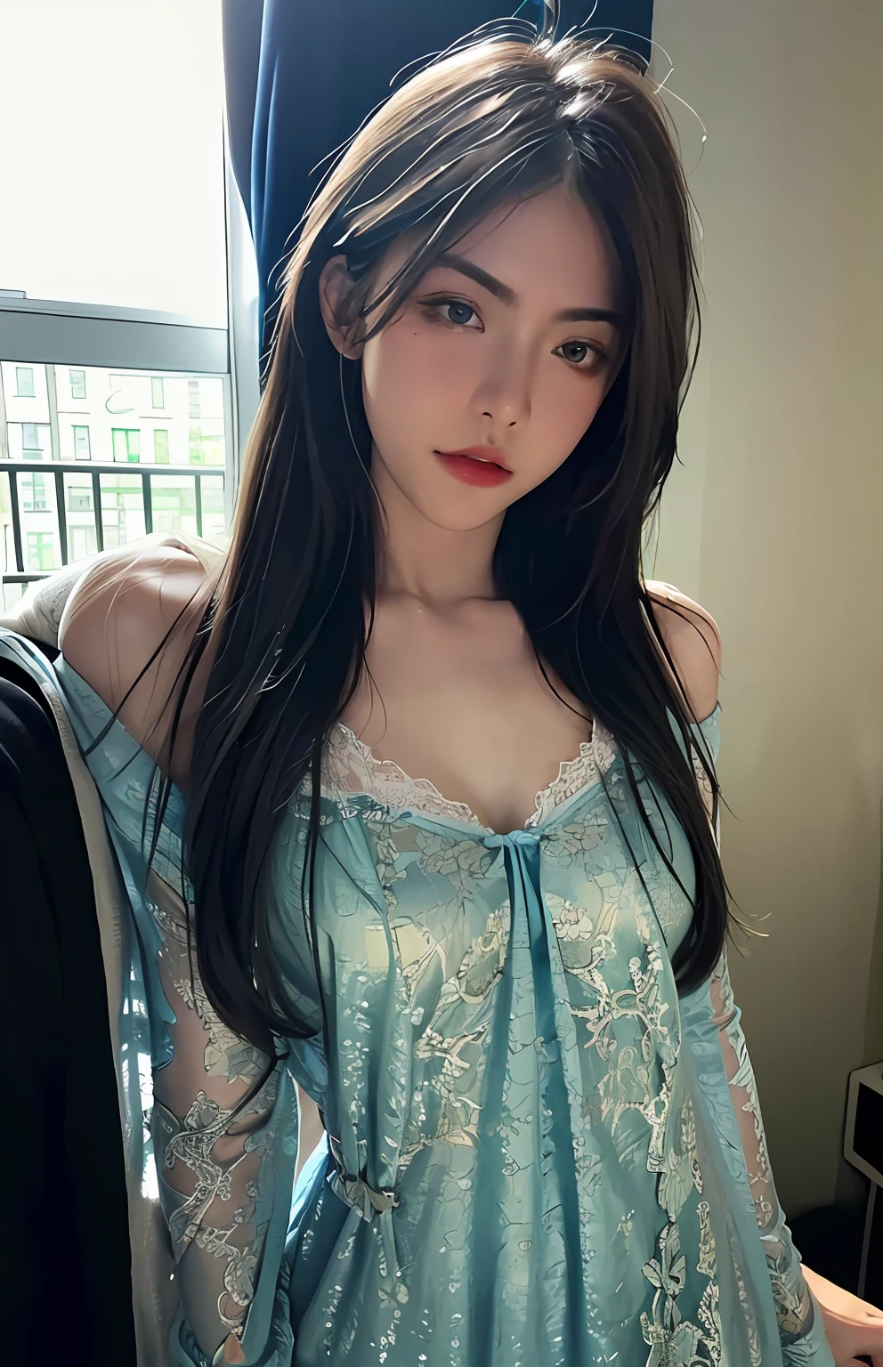 Best quality, masterpiece, ultra high res, (photorealistic:1.4), raw photo, 1girl, ((black lace nightgown)), ((small breast)), cold light