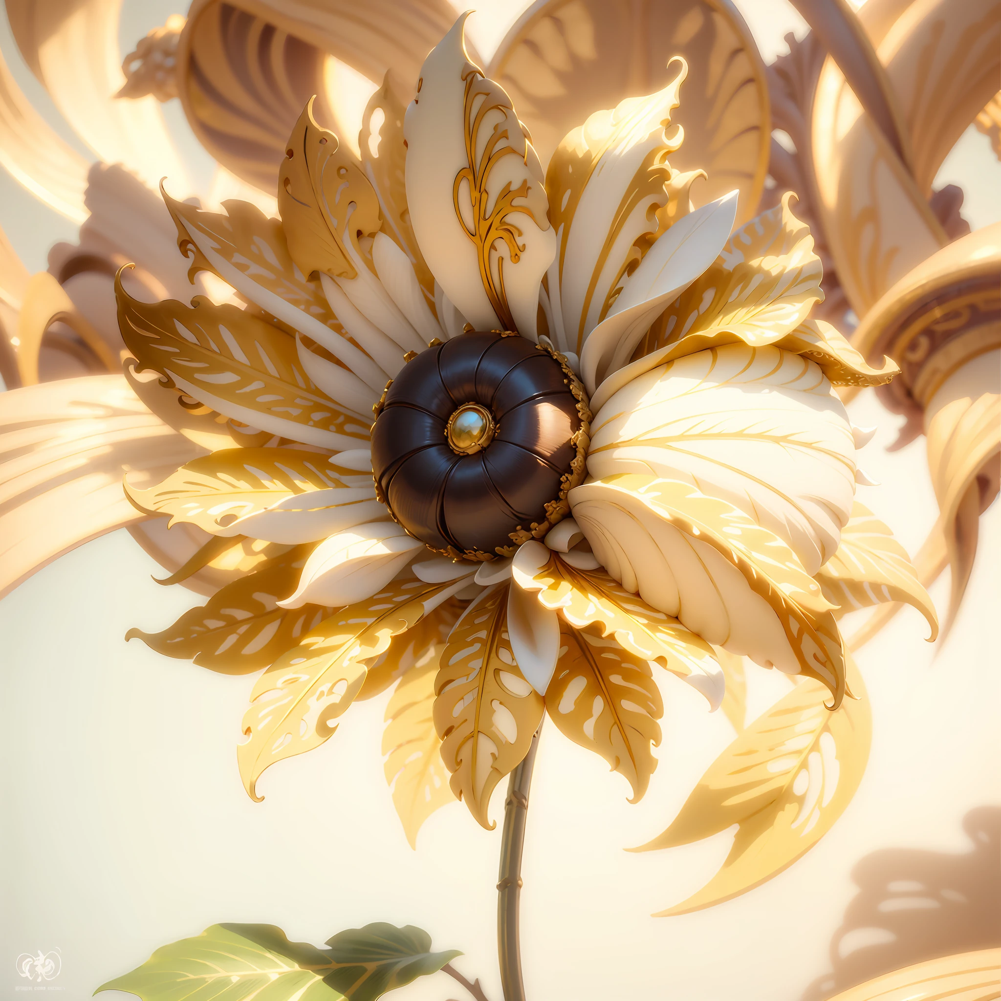 (((巨作))), Best quality, Ultra-detailed, Extremely delicate, pure and bright ivory and gold color,  with golden and shiny metallic accents, brilliant and rich hue, delicate and bright floral patterns,  emphasizing the theme of luxury and elegance, a reinterpretation of the traditional East-meets-West style, complemented by a joyful and vibrant sunflower，IvoryGoldAI