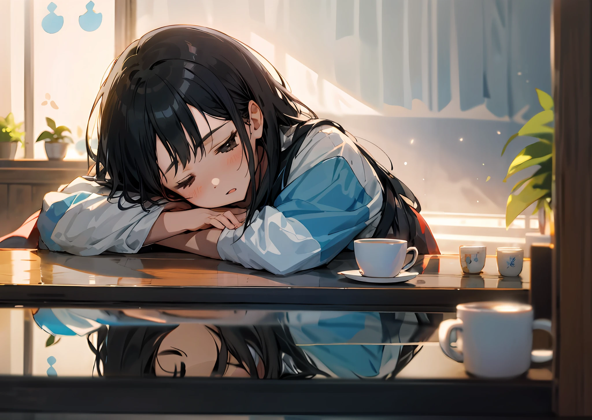 1girl in,   tables,  sleepeace, down face, Long black hair, natsu、cafes、Upper body,cup,
reflective light,ultra_Detailed:1.2