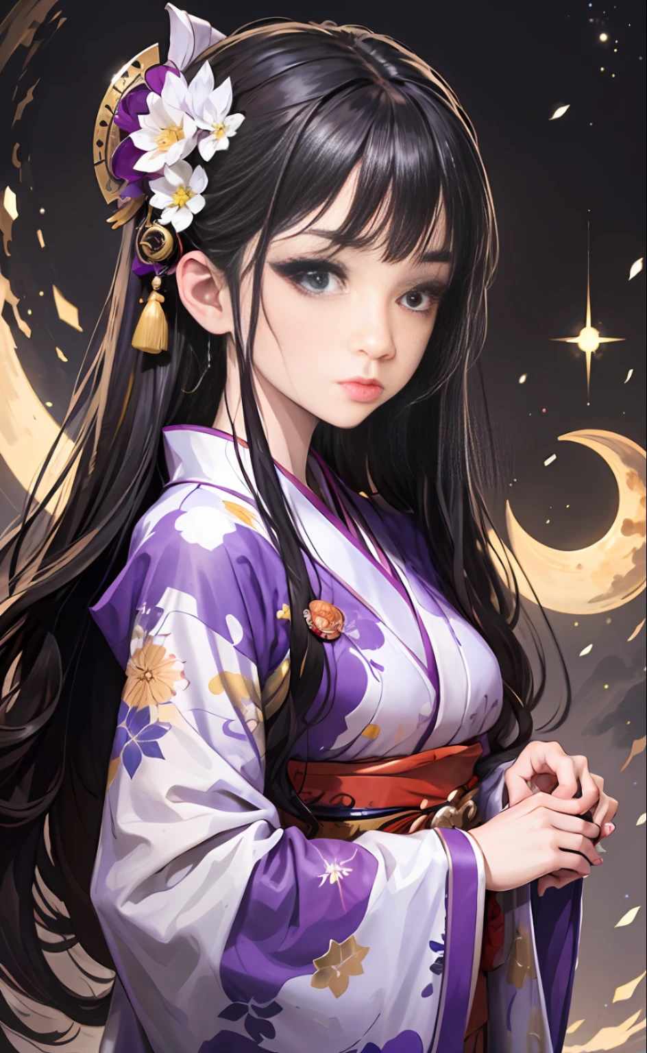 Mature Girl、black  hair、Delicate and smart eyes、purple and white kimono、Simple accessories、astrologer、FOV、F1.8、A masterpice、Moon Night、Frontal portrait shot、Chang'e、Looking here、Facing forward