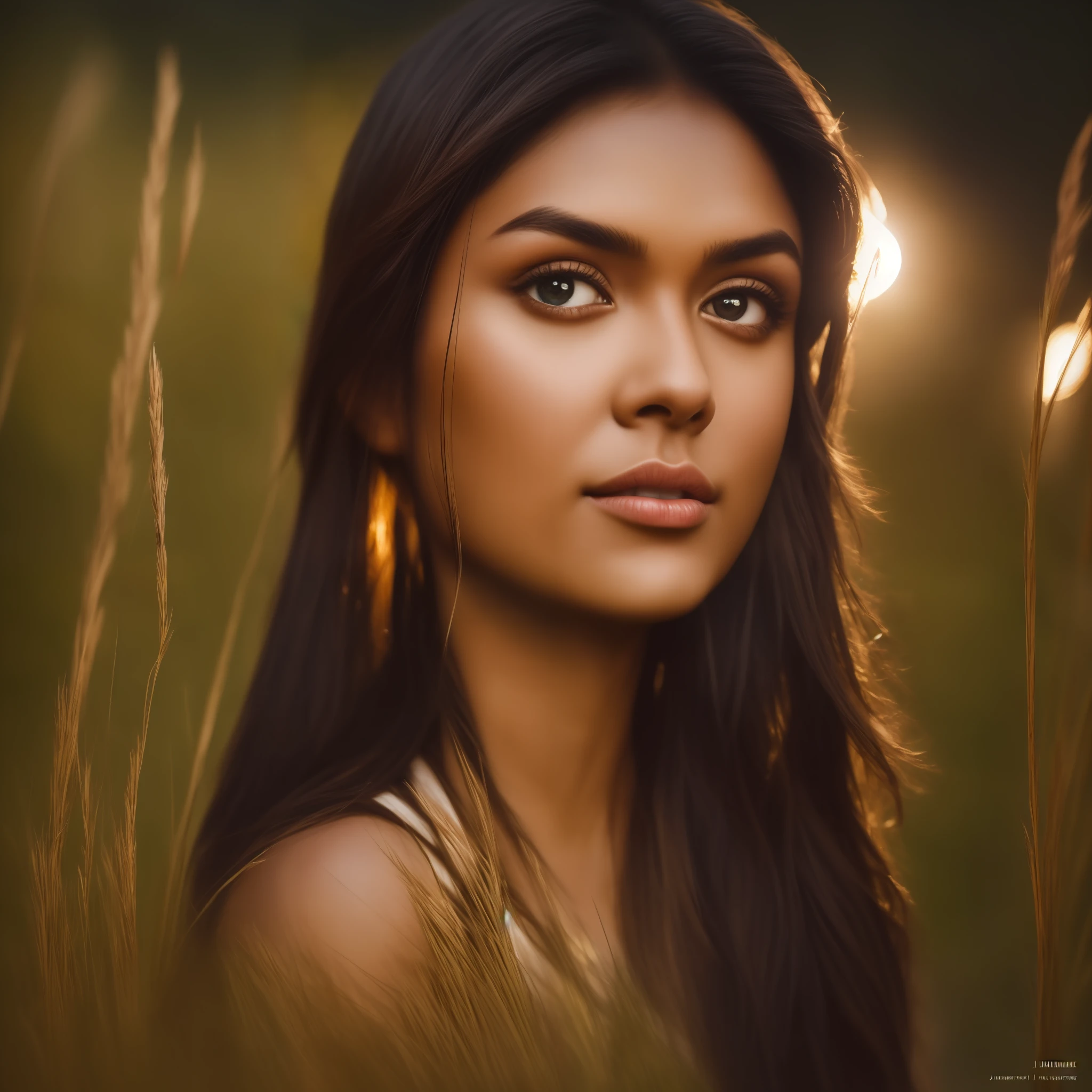 close up portrait of a cute woman (Mrunal Thakur) bathing in a river, reeds, (backlighting), realistic, masterpiece, highest quality, lens flare, shade, bloom, [[chromatic aberration]], by Jeremy Lipking, by Antonio J. Manzanedo, digital painting,