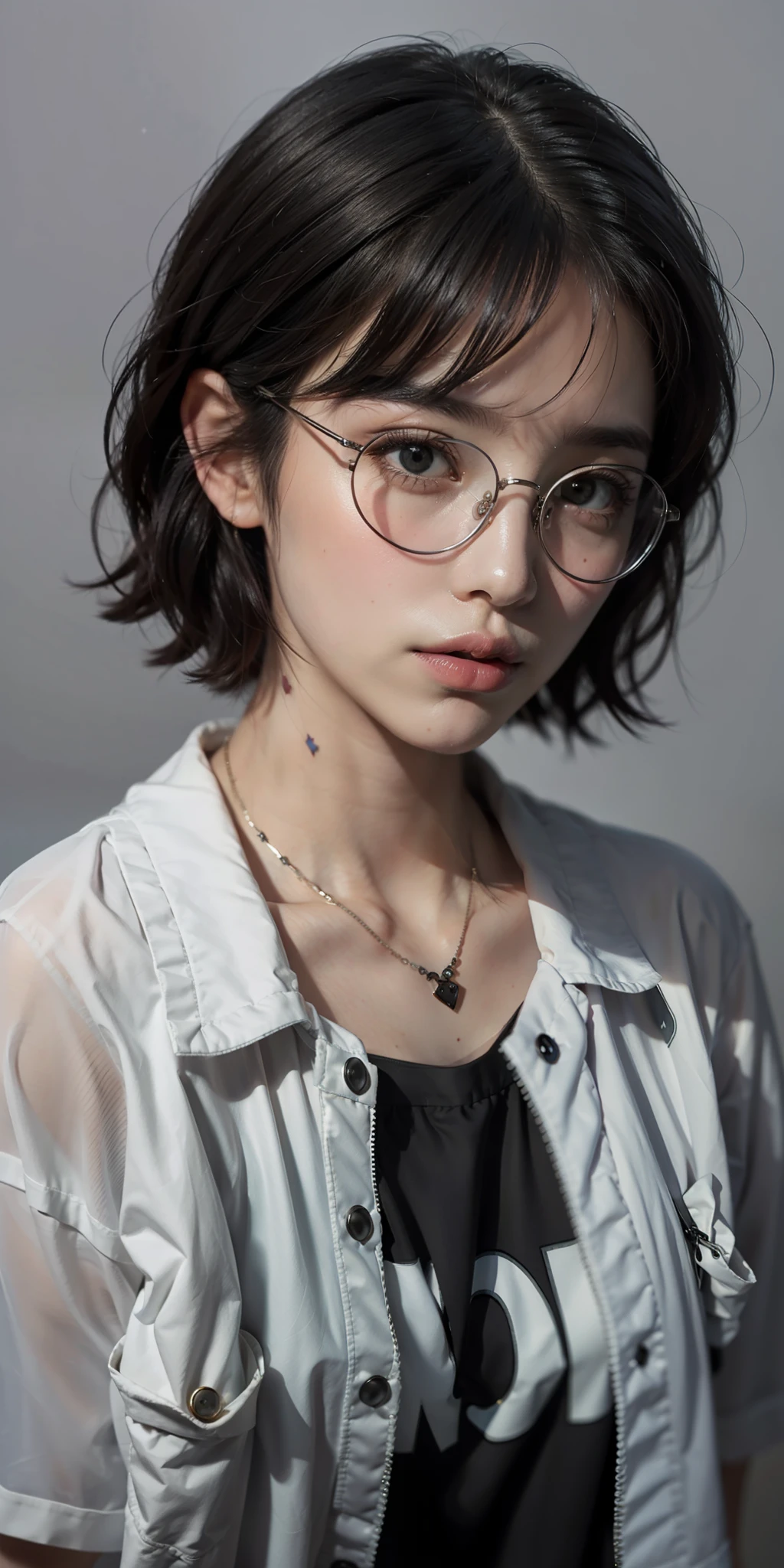 masterpiece, best quality, realistic, highly detailed, 1girl, solo, cowboy shot, different eyes color, glasses, short hair, black hair, stylish T-shirt, Lips pierced, tatto on neck, beautiful girl, A tomboy face, Flat face without expression, detail eyes, detail hair, perfect lighting