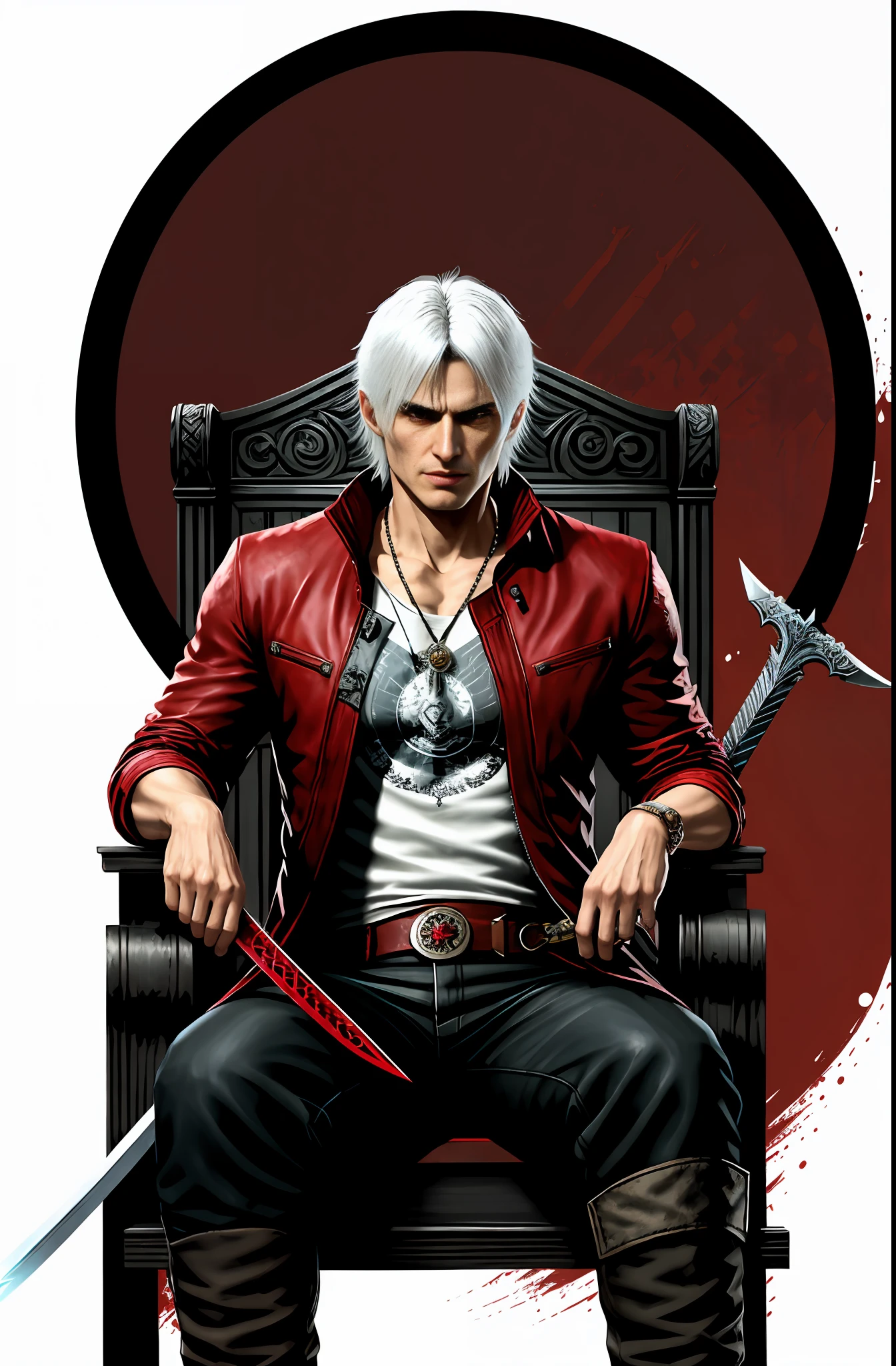 Raised Evil Eyebrow and Eyes, Mature Old Aged Dante from Devil May Cry with Long White Hair wearing Long Red Dante Jacket, Sitting on the Throne beside Rebellion Sword, in Red Hell Background, DMC, Devil May Cry 5, Creative